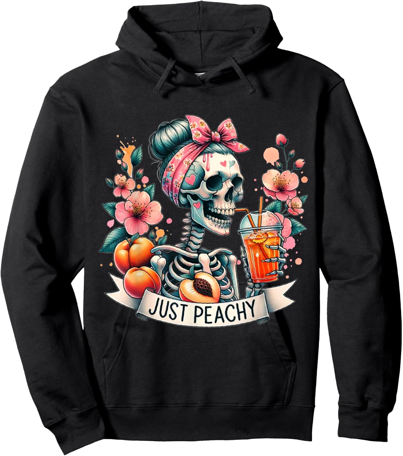 Just Peachy Skeleton Retro 70s Hippie Summer Vibes Hoodie - Hoodie | Black