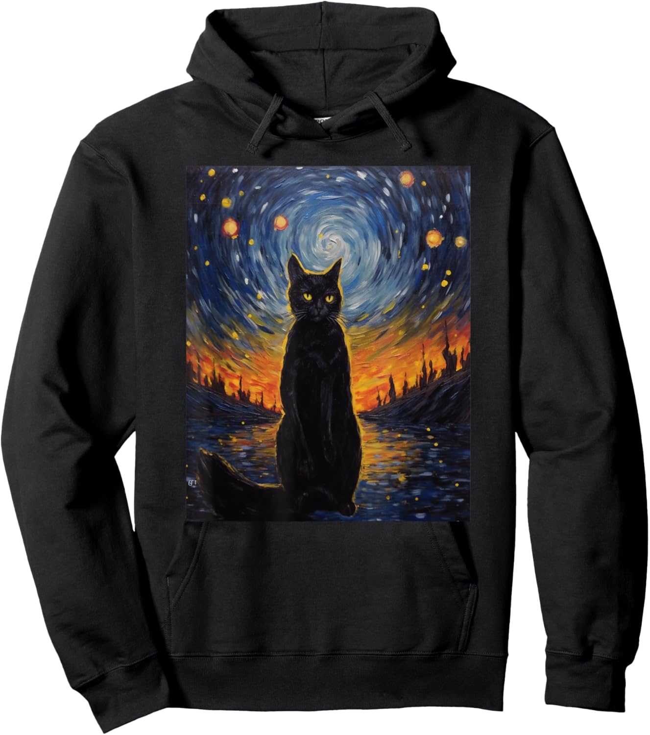 black cat Painting art Starry Night kitty kitten Van Gogh Hoodie - Hoodie | Black