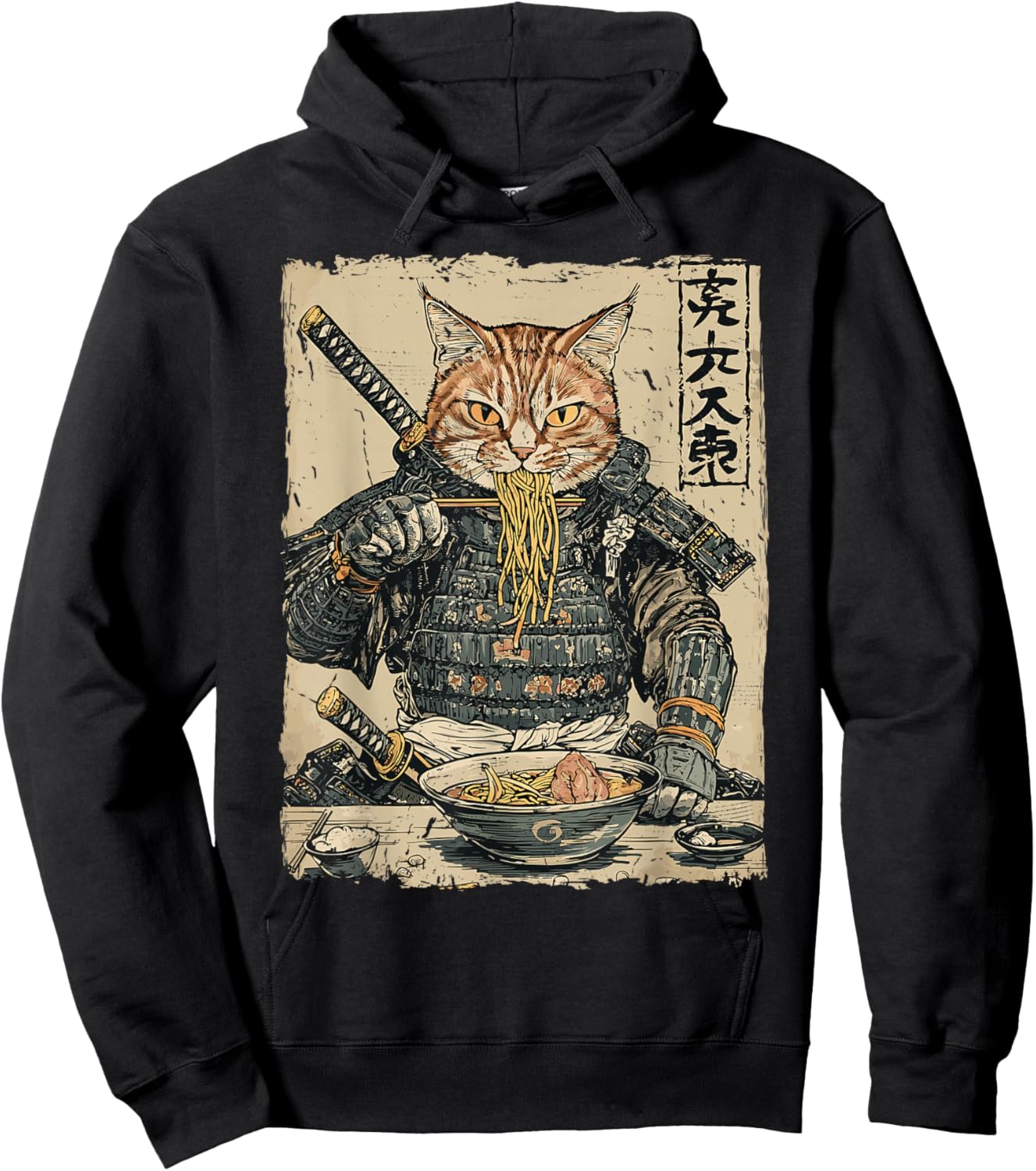 Samurai Cat Loves Ramen Funny Anime Japanese Artwork Samurai Hoodie - Hoodie | Black