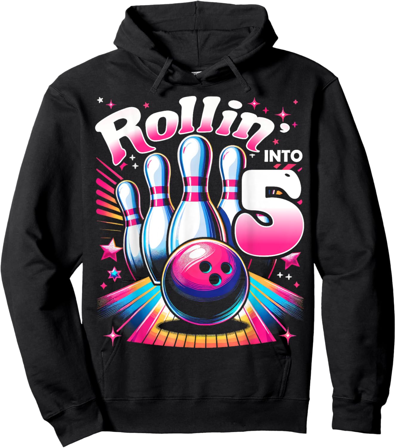 Bowling Birthday Rollin into 5 Party 5th Birthday Retro Girl Hoodie - Hoodie | Black