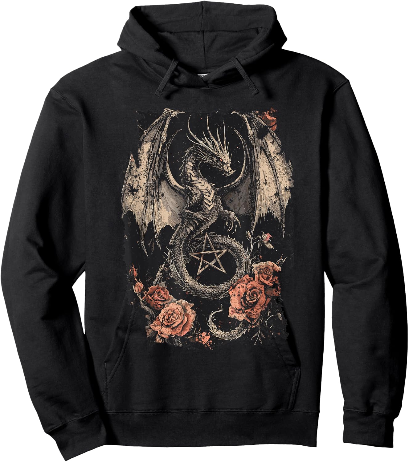 Dragon with Pentagram and Roses - Gothic Dragon Hoodie - Hoodie | Black
