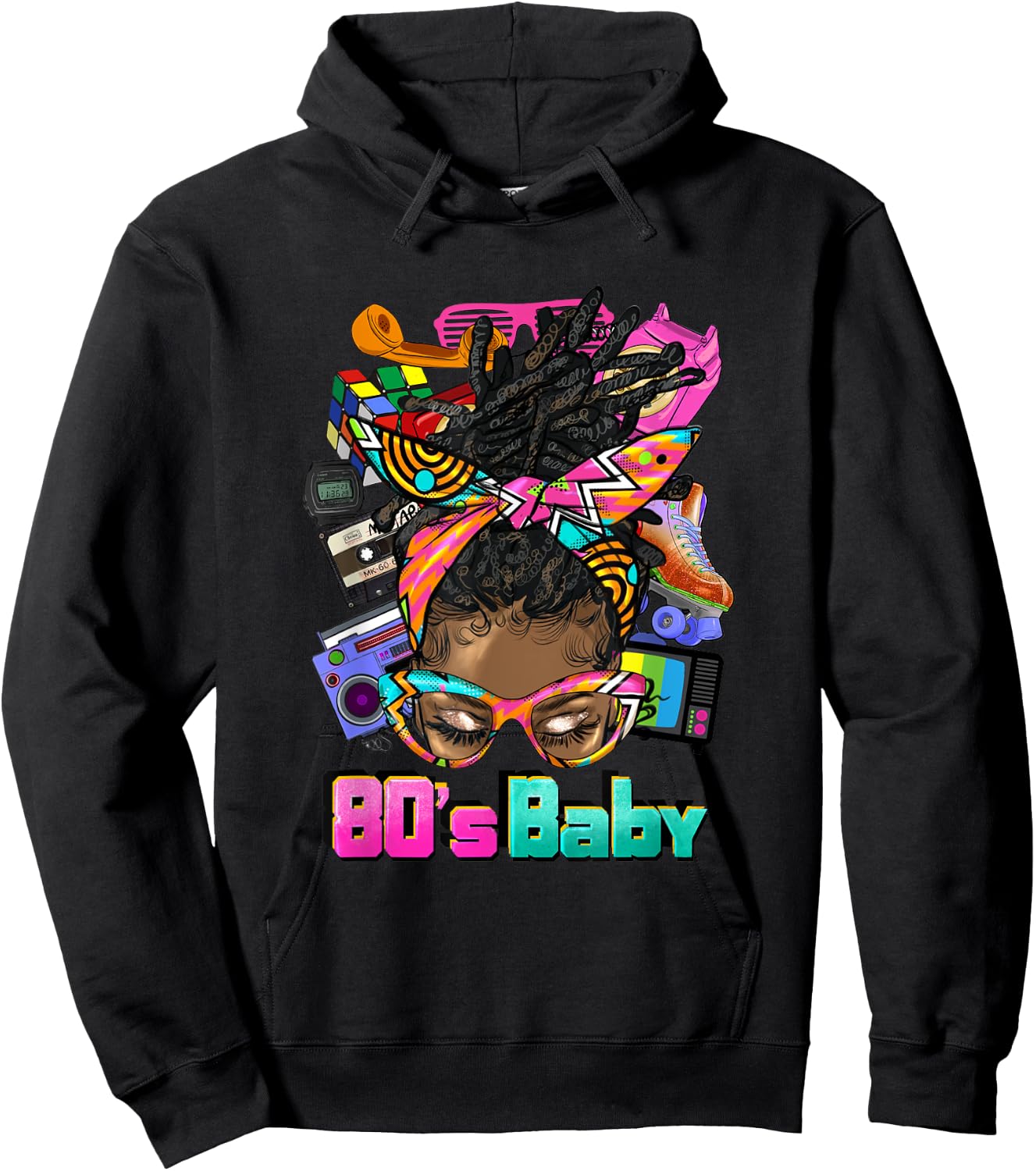 80's Baby Afro Messy Bun African American 1980's Retro Hoodie - Hoodie | Black