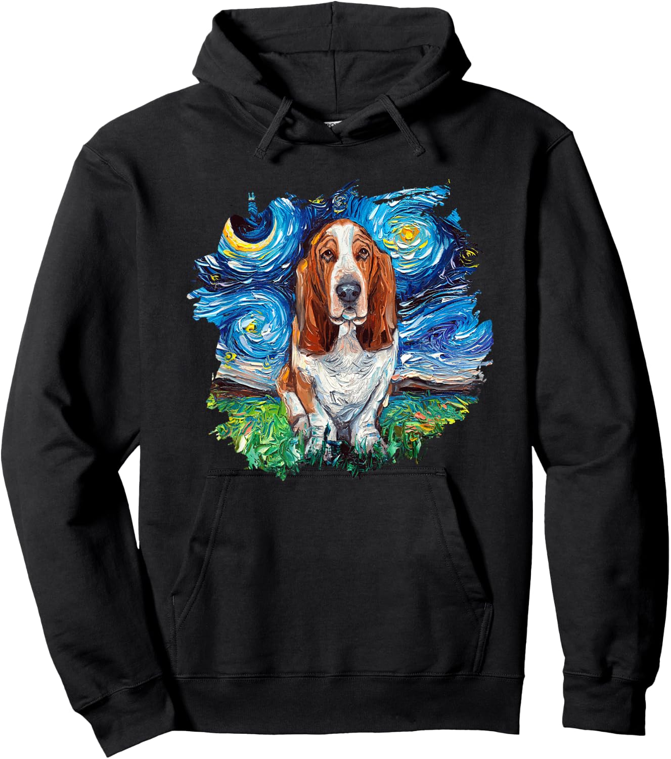 Basset Hound Starry Night Impressionist Dog Art by Aja Hoodie - Hoodie | Black