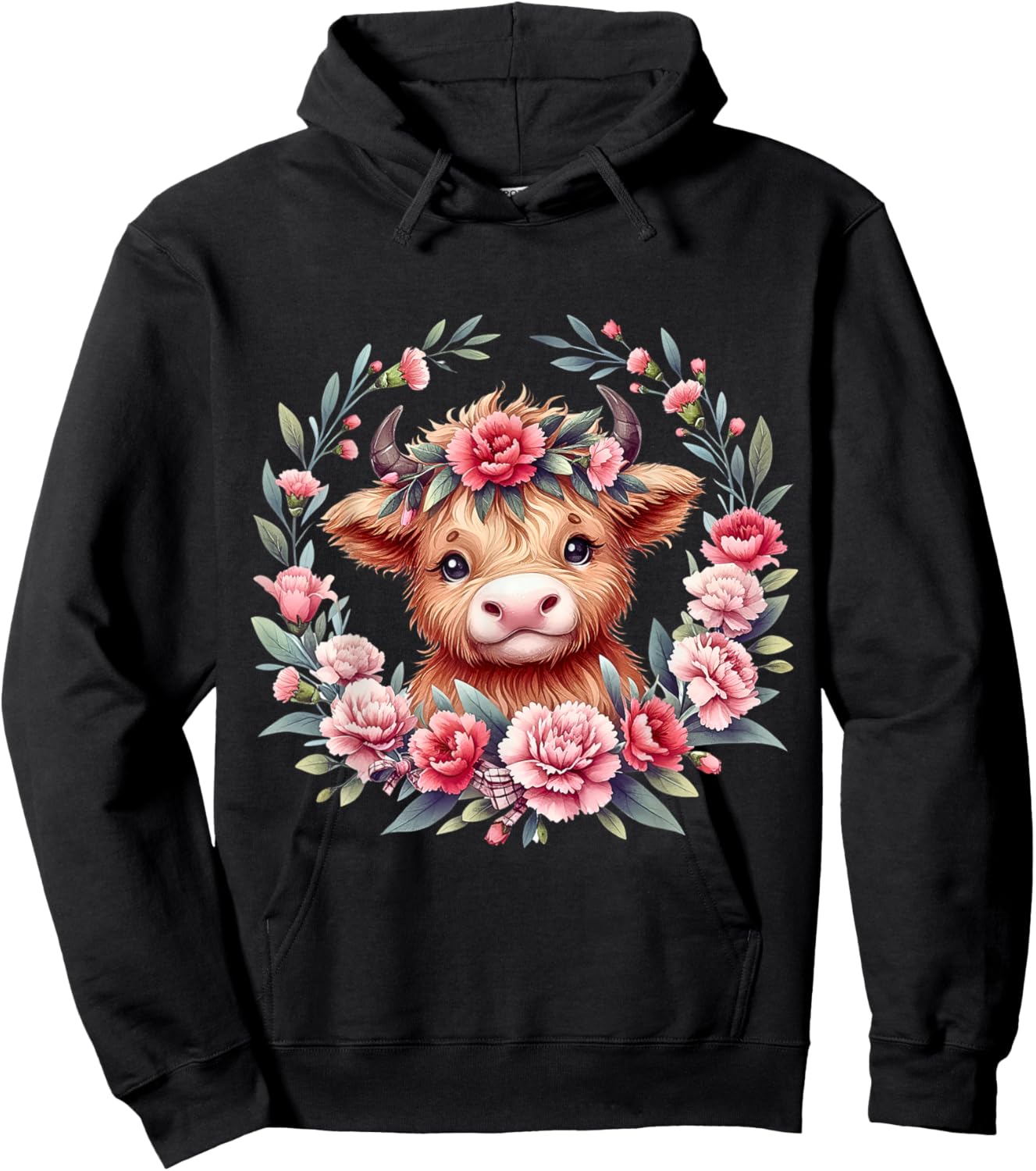 Cute Baby Highland Cow With Carnation Flower Scottish Farm Hoodie - Hoodie | Black
