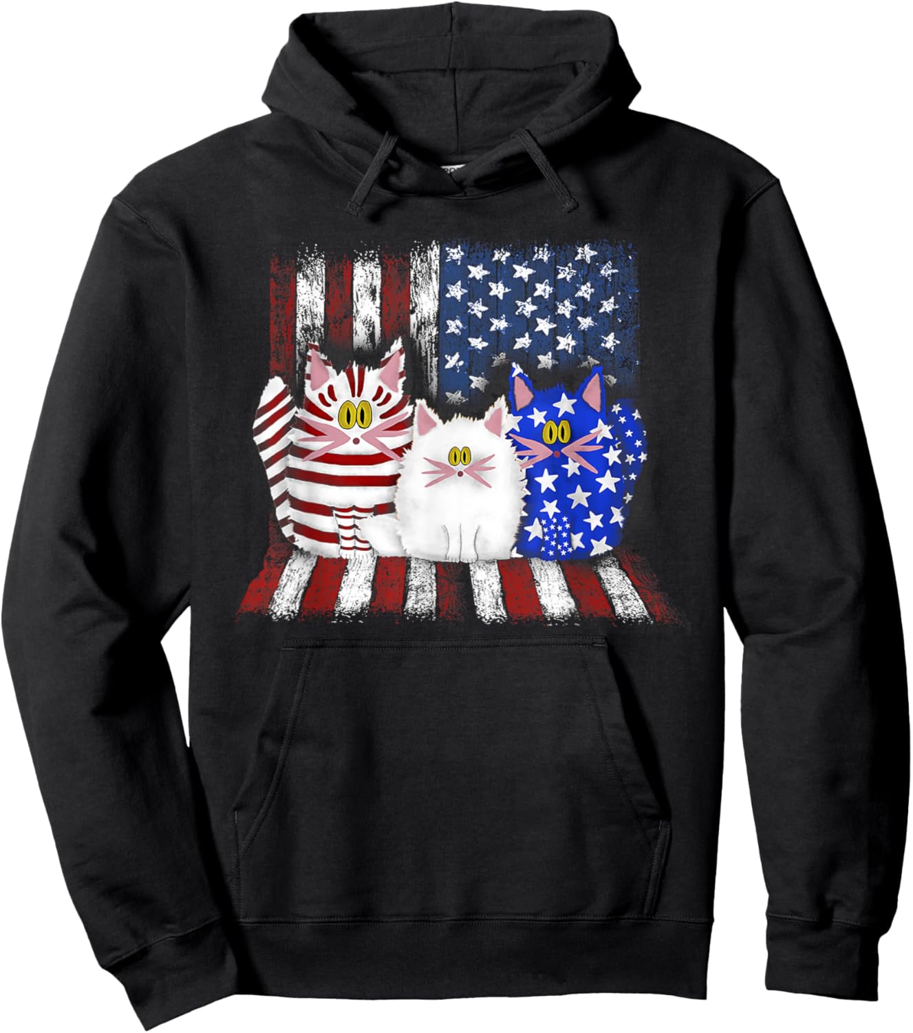 Three Cats American Flag - Blue - Cat - White - Cat - Red Hoodie - Hoodie | Black