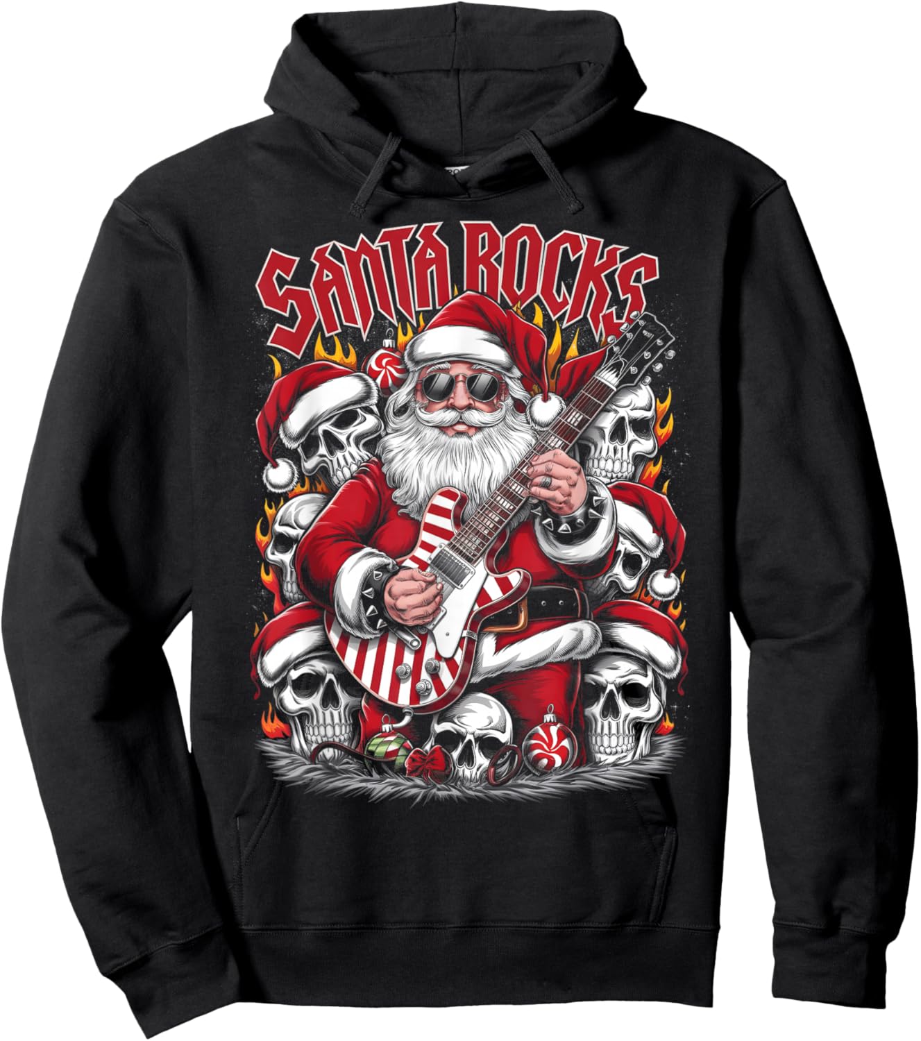 Christmas Rocker Metalhead Guitarist Santa Rocks Hoodie - Hoodie | Black
