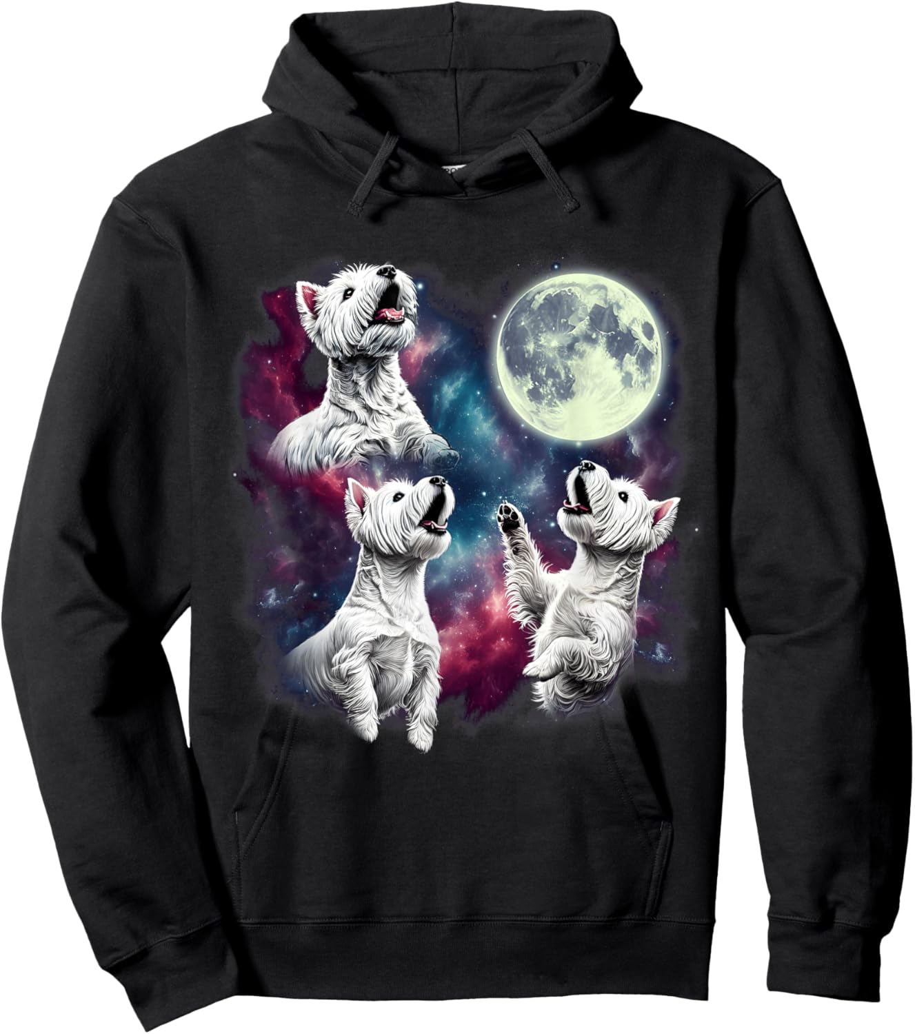 Three West Highland White Terriers Howling at Moon Funny Hoodie - Hoodie | Black