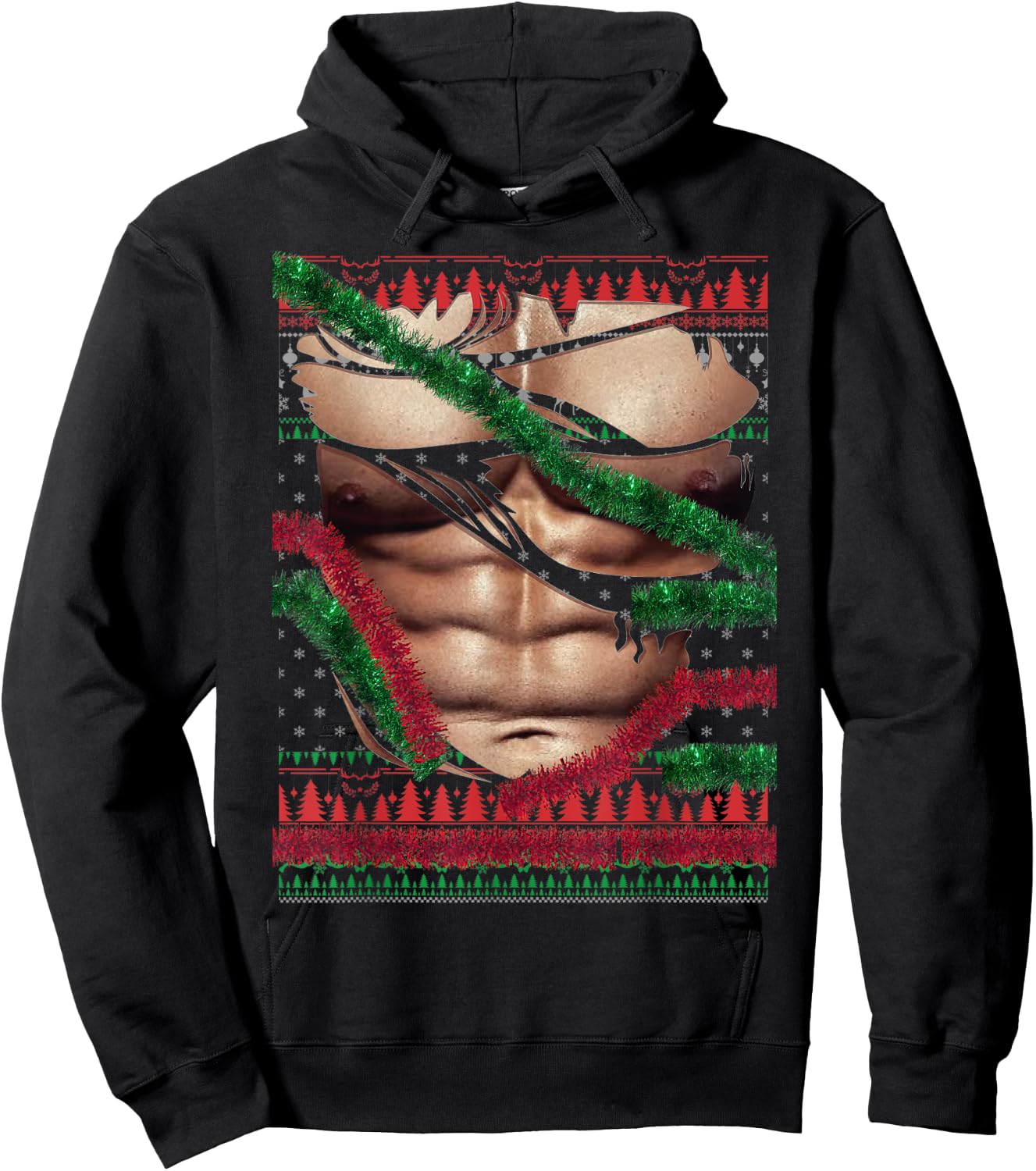 Christmas Fake Muscles Ripped Torn Chest Six Pack Abs Ugly Hoodie - Hoodie | Black