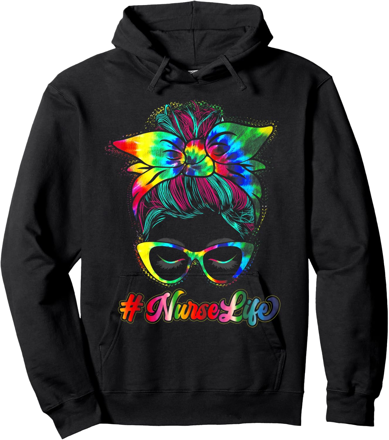 Nurse Life Messy Bun Tie Dye Glasses Bandana Vintage Hoodie - Hoodie | Black