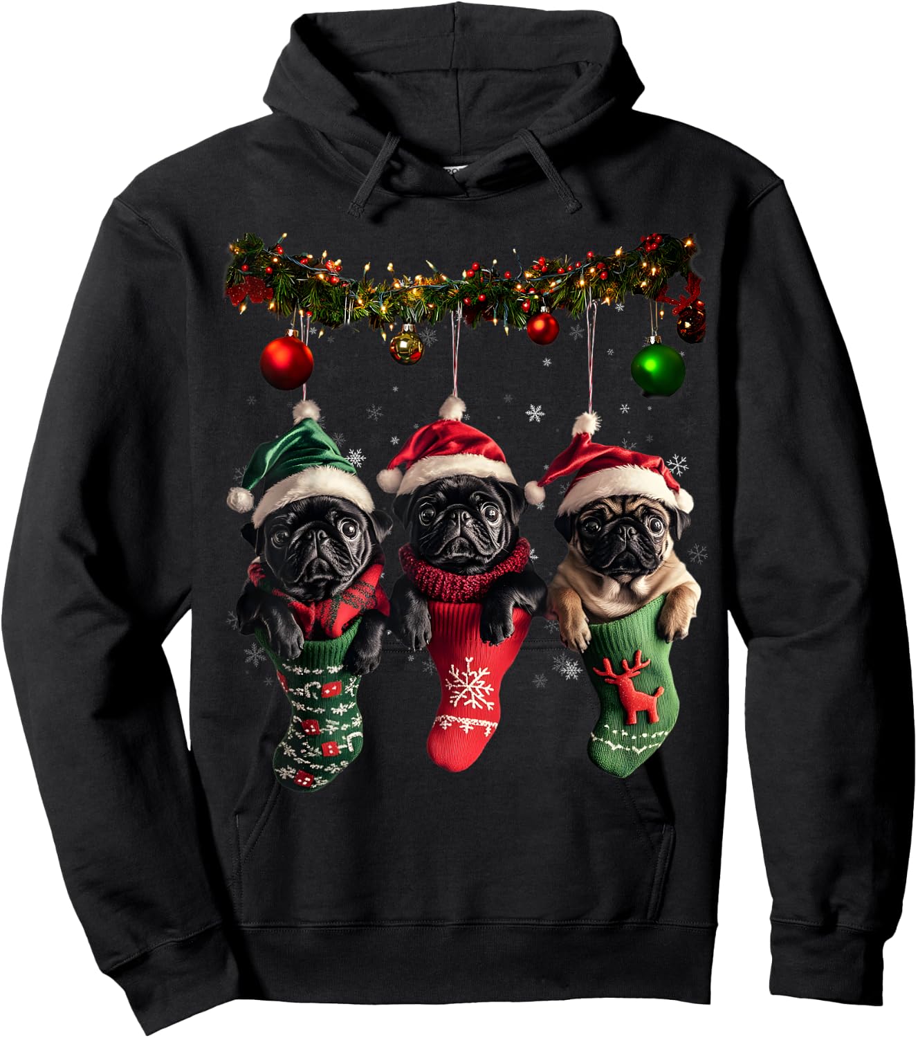 Black Pug Christmas Lights Funny Xmas Dog Lover Hoodie - Hoodie | Black