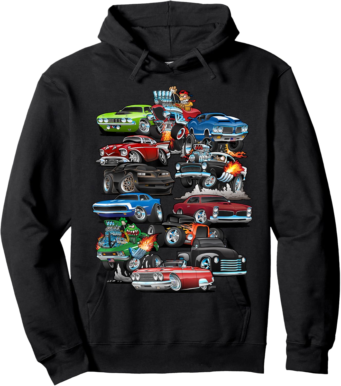 Car Madness! Muscle Cars, Classic Cars and Hotrods Cartoon Hoodie - Hoodie | Black