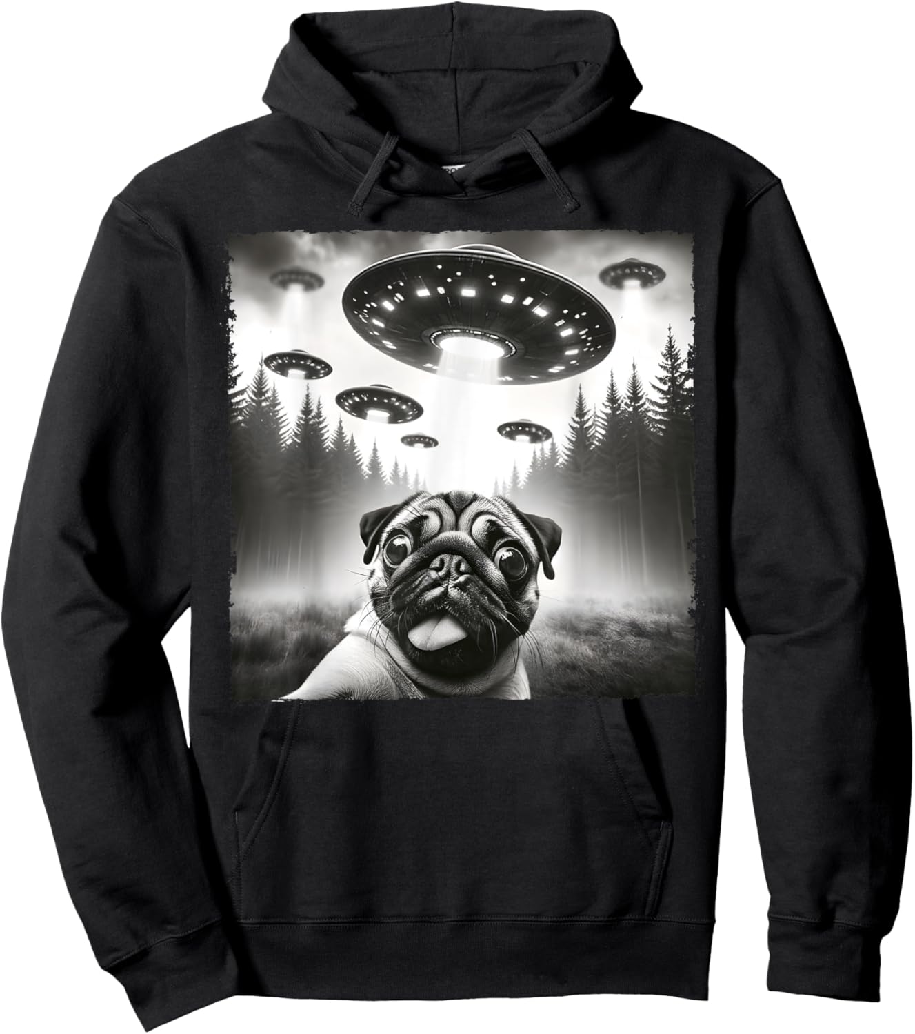 Funny Meme Pug UFO Retro Alien Pug Dog UFO Selfie Invasion Hoodie - Hoodie | Black