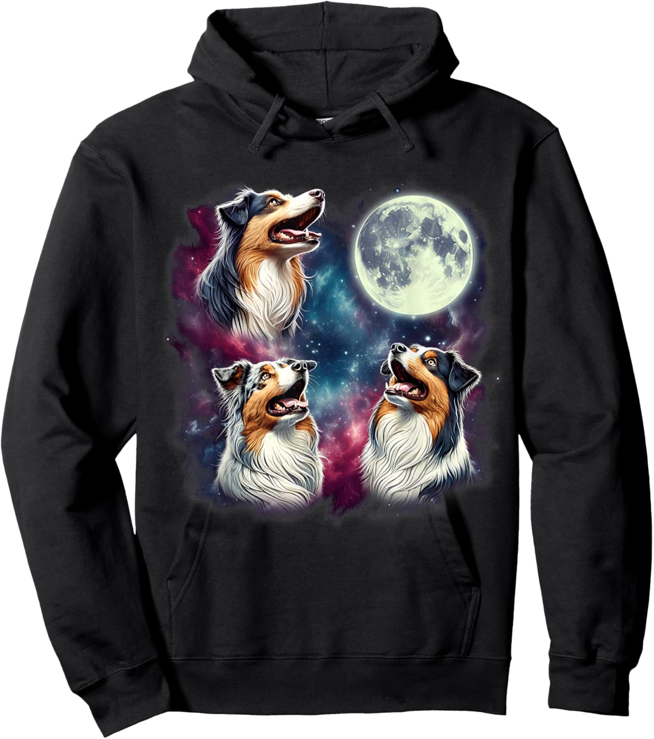 Three Australian Shepherds Howling at Moon Funny Weird Meme Hoodie - Hoodie | Black