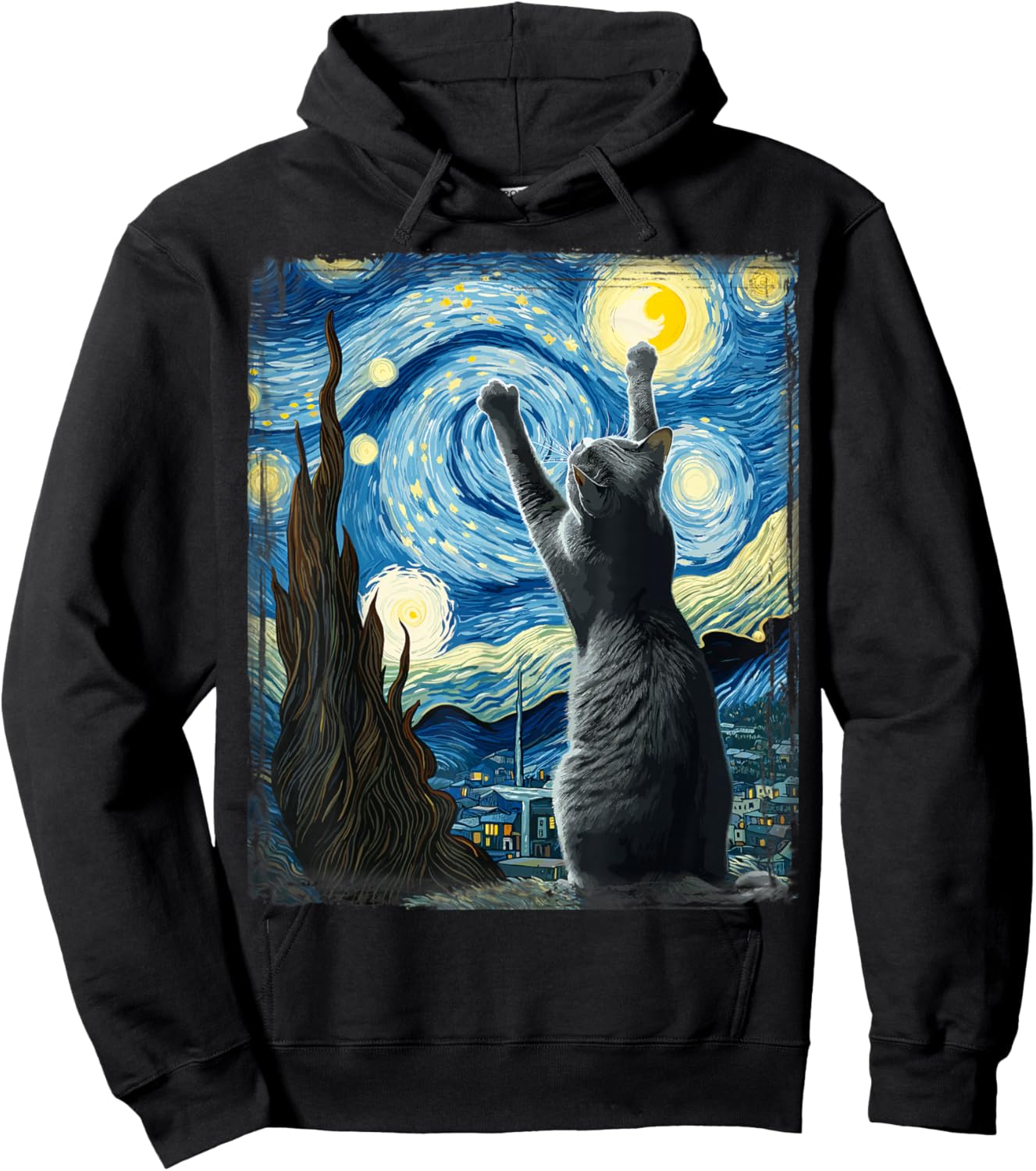 Van Gogh Starry Night Style Artistic Russian Blue Cat Hoodie - Hoodie | Black