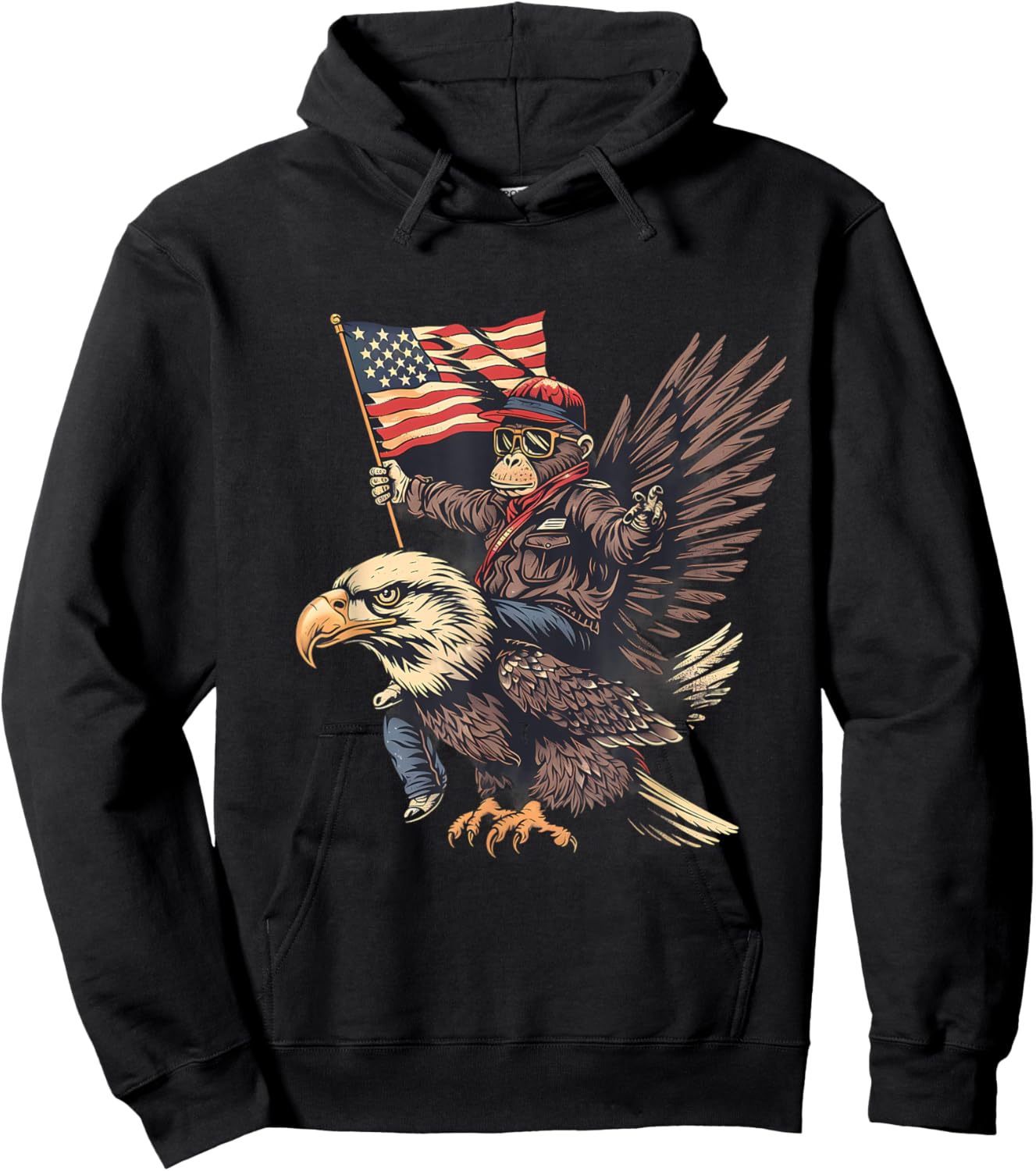 Funny Monkey Bald Eagle USA American Flag Fourth Of July Kids Men Hoodie - Hoodie | Black