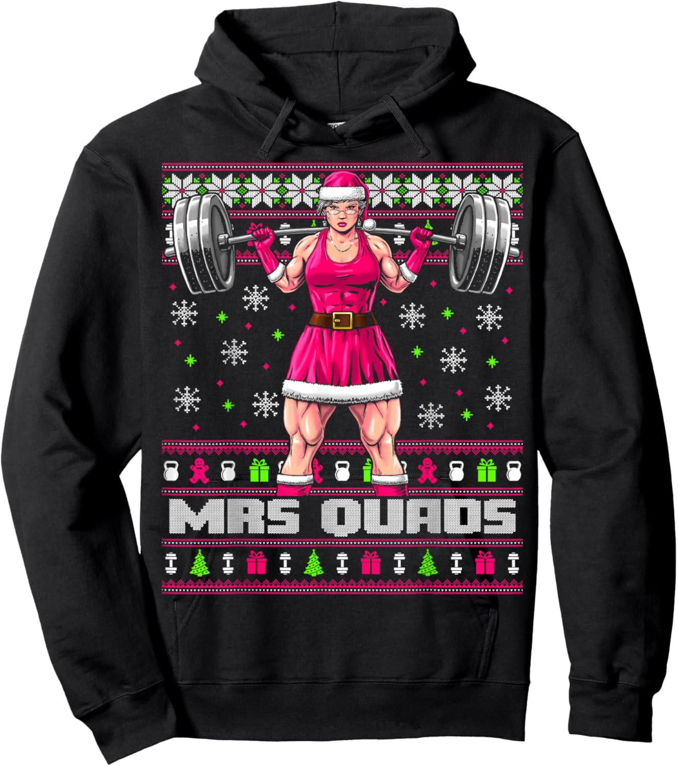 Mrs. Quads Funny Gym Ugly Christmas Sweater Women Cute Pink Hoodie - Hoodie | Black