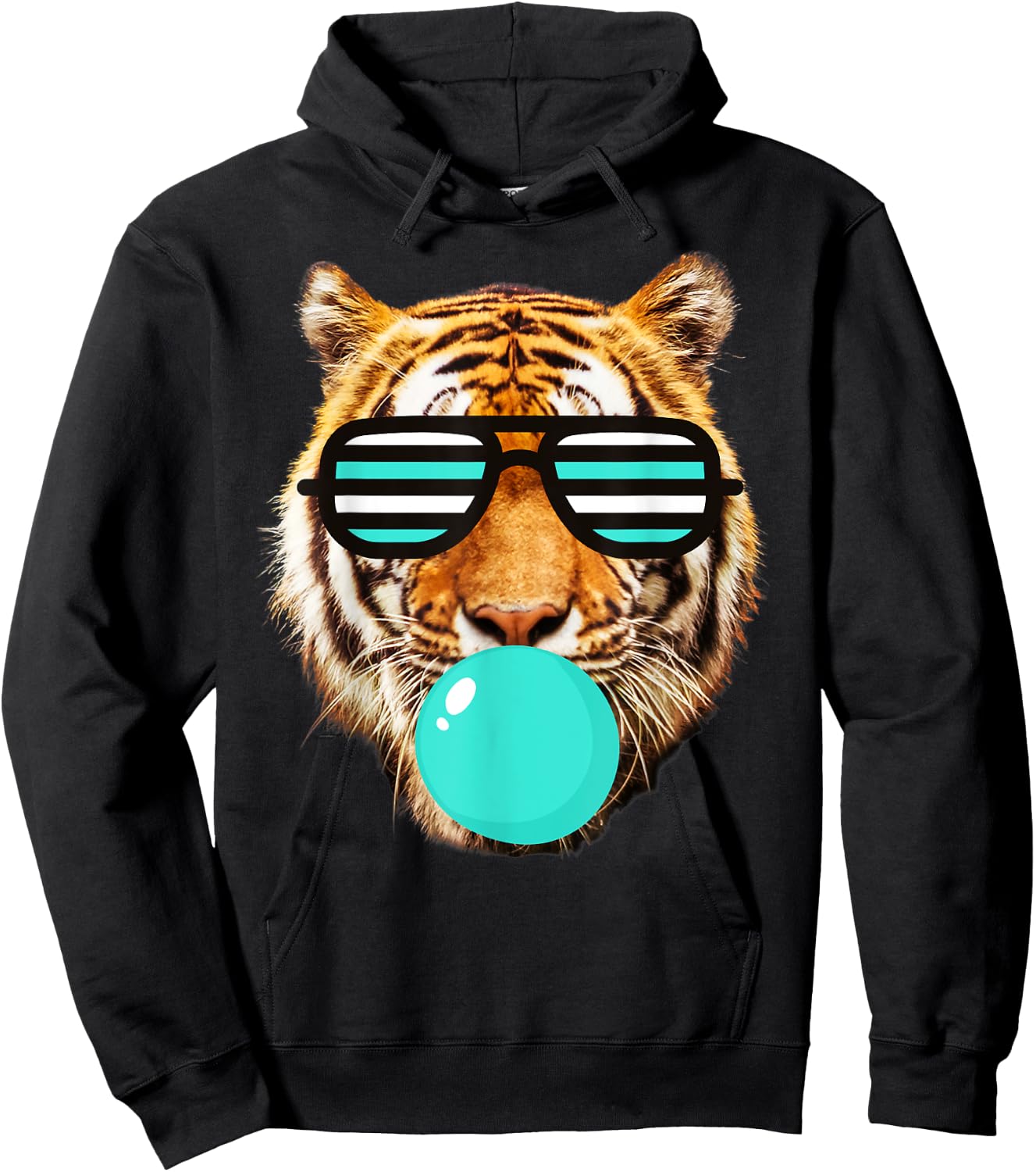 Turquoise bubble Gum tiger Stripe Cute Tiger with Sunglasses Hoodie - Hoodie | Black