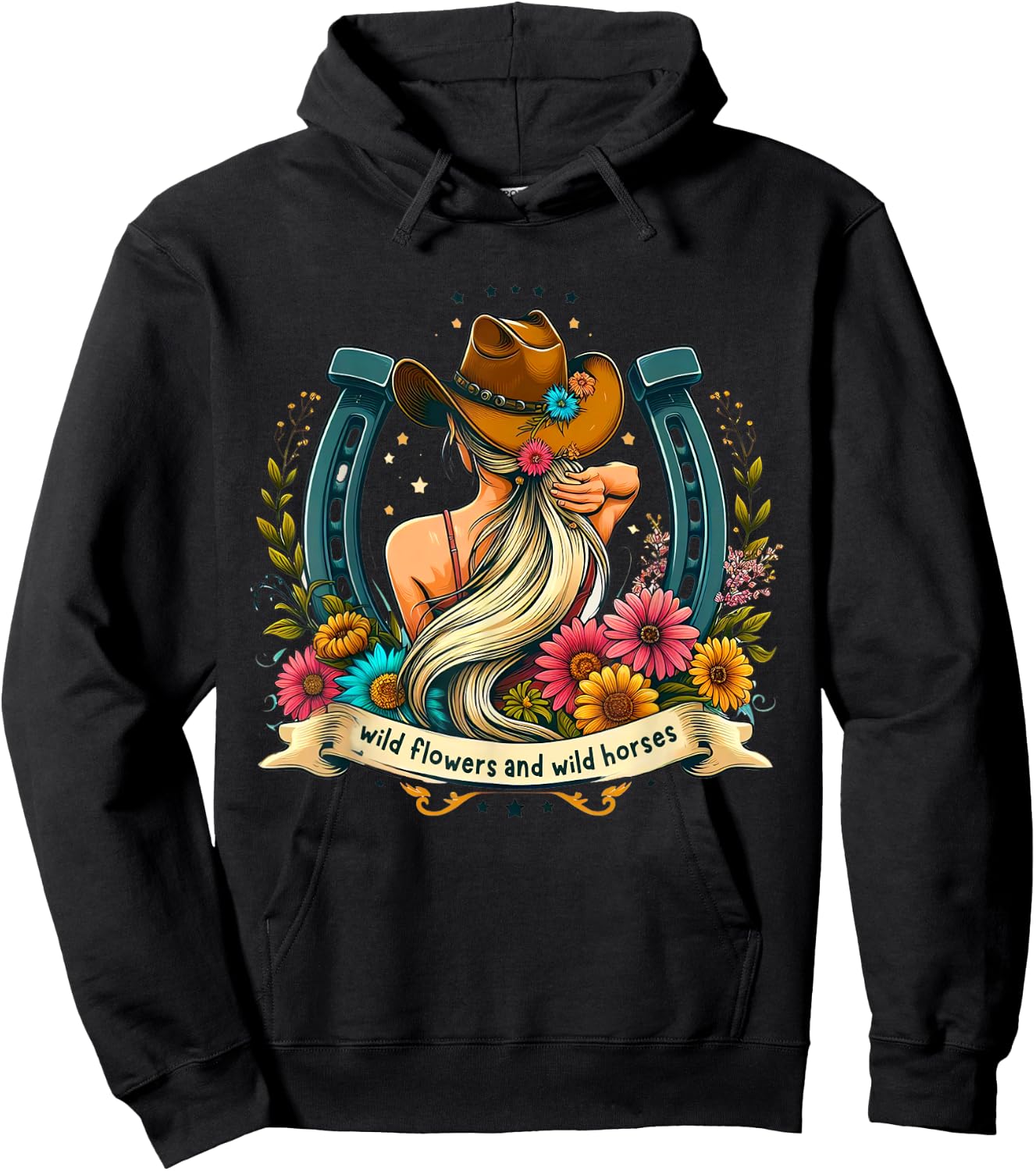 Retro Southern Sunset Cowgirl Wild Flowers - Wild Horses Hoodie - Hoodie | Black