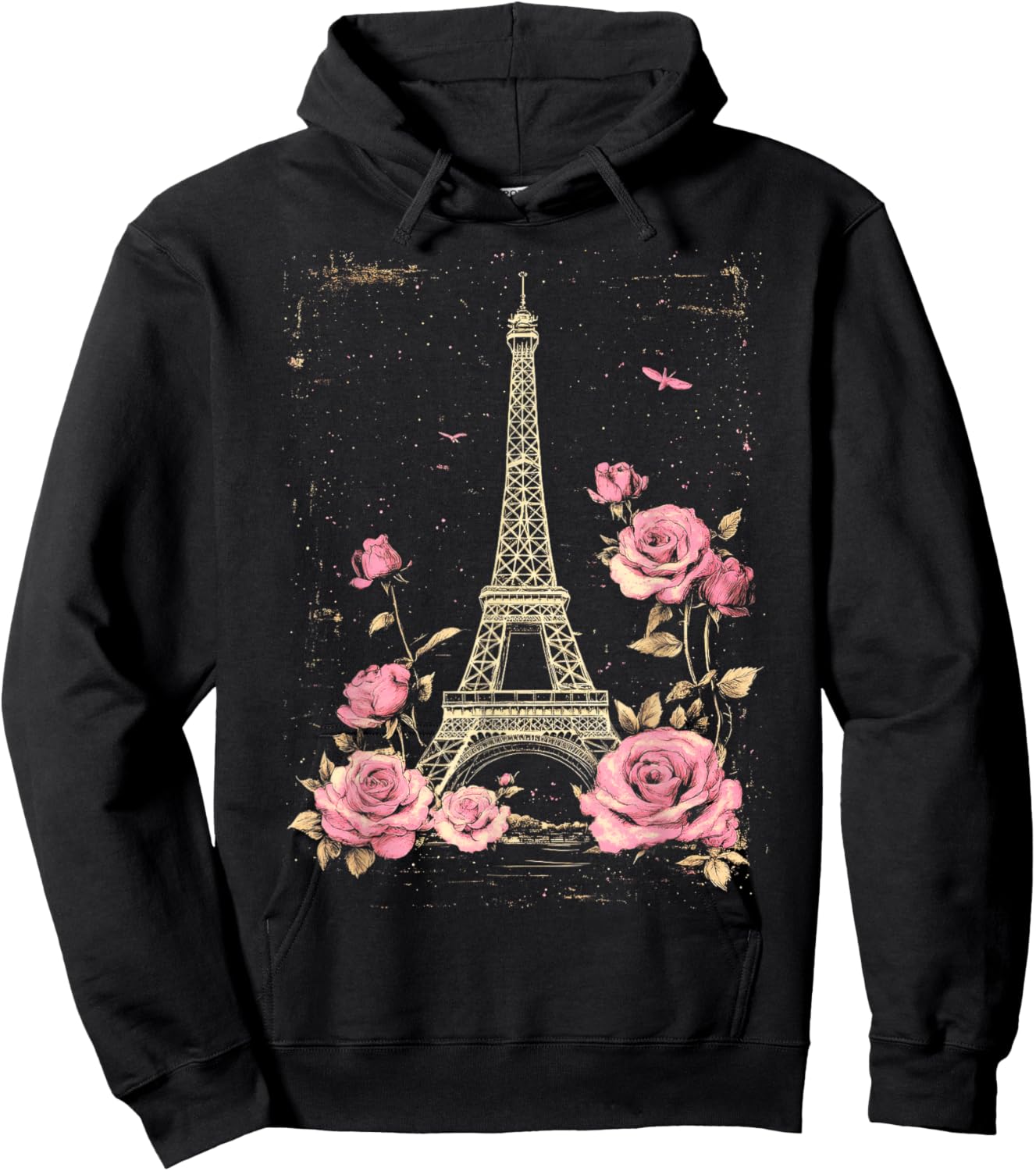 Vintage Paris Eiffel Tower Witn Pink Roses Floral Hoodie - Hoodie | Black