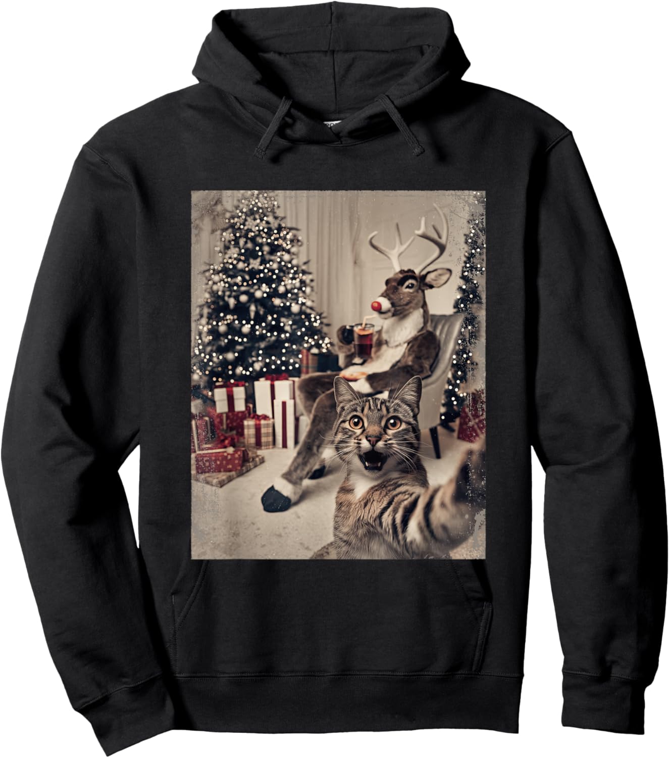 Funny Xmas Cat Selfie Reindeer Ugly Sweater Christmas Outfit Hoodie - Hoodie | Black
