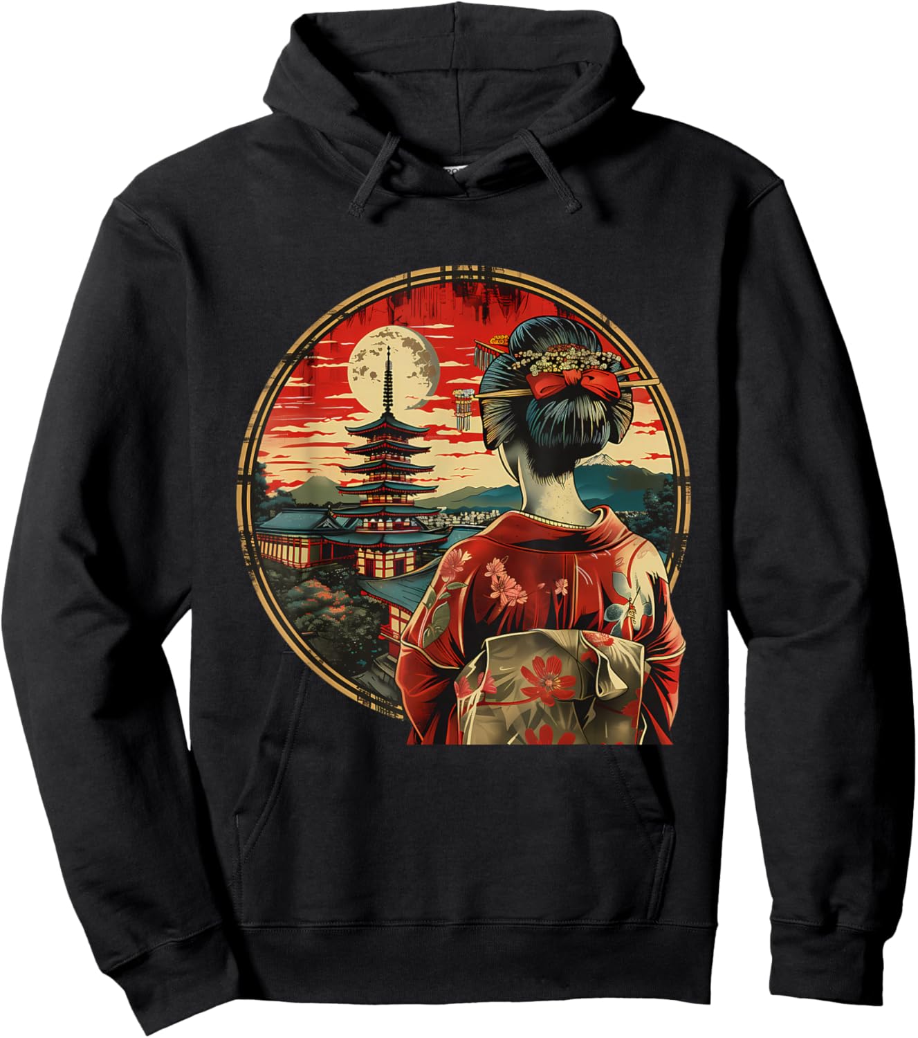 Japanese Geisha Pagoda Geisha Girl Kimono Traditional Art Hoodie - Hoodie | Black