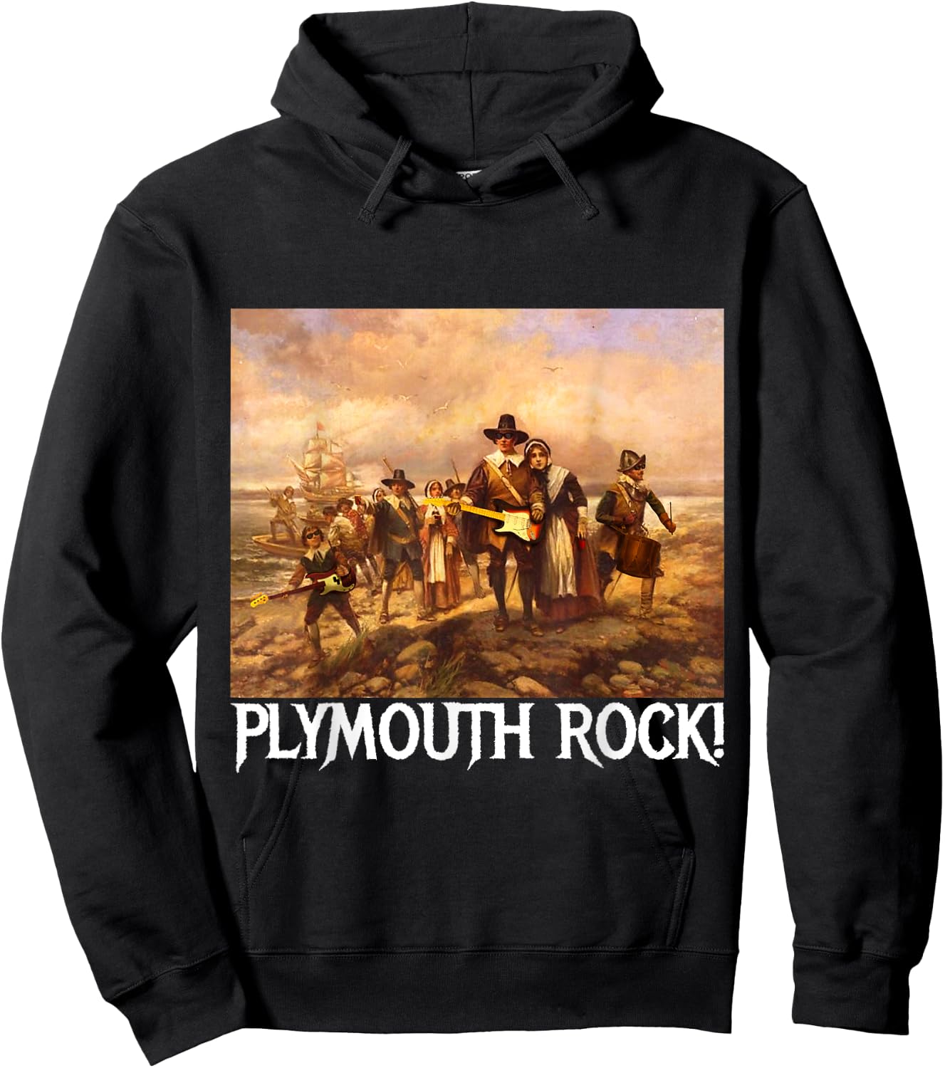 Plymouth Rock! Thanksgiving Pilgrims Rocking Guitars & Drum Hoodie - Hoodie | Black