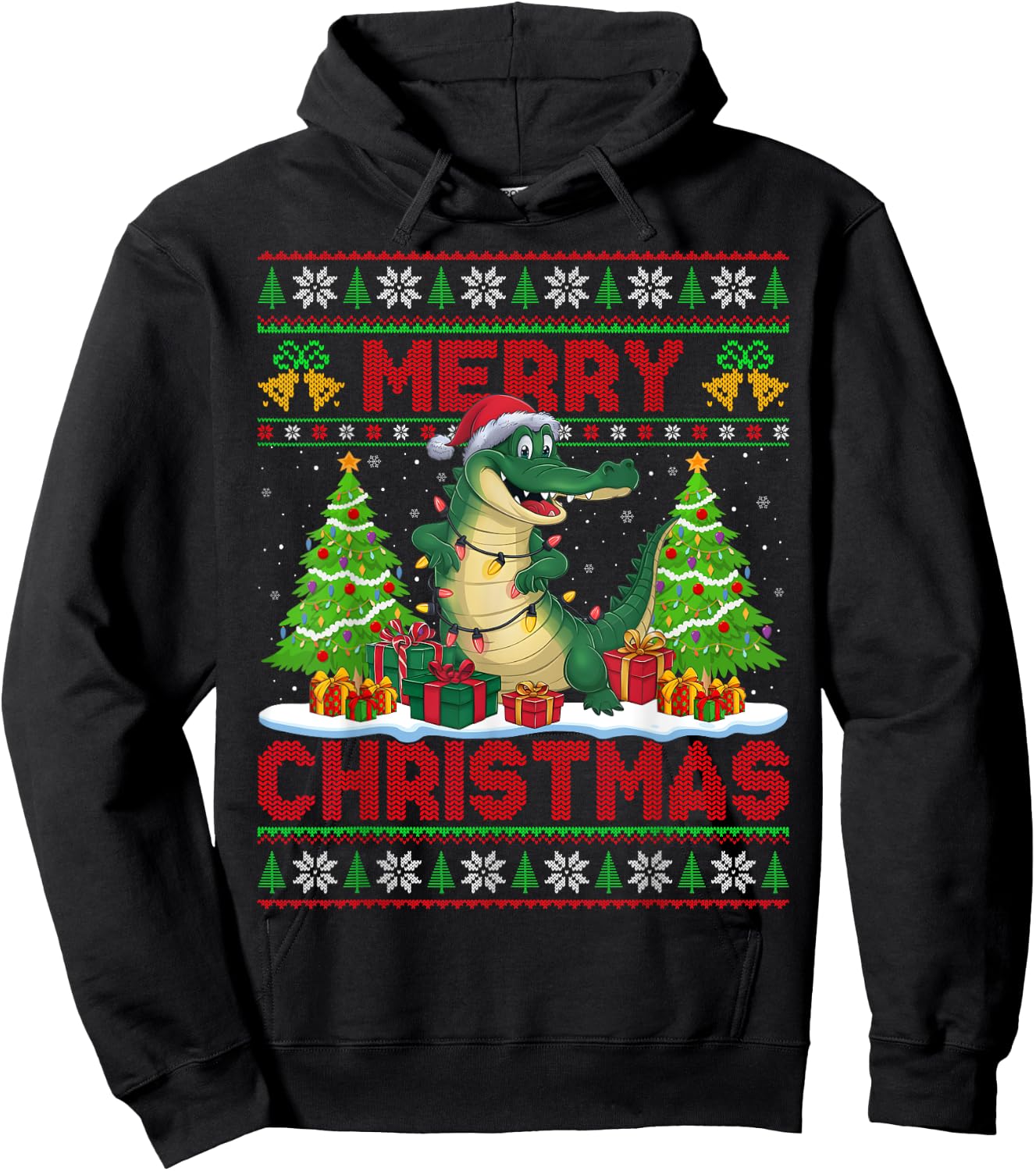 Xmas Tree Ugly Style Santa Hat Alligator Christmas Hoodie - Hoodie | Black