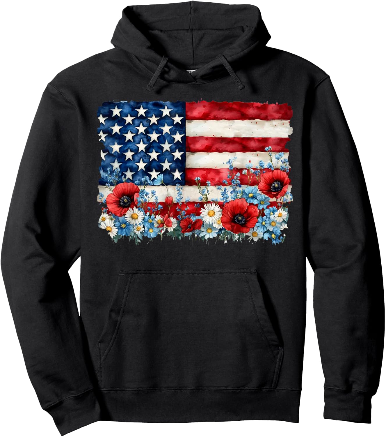 Retro Flower American Flag Women 4th Of July Patriotic Hoodie - Hoodie | Black