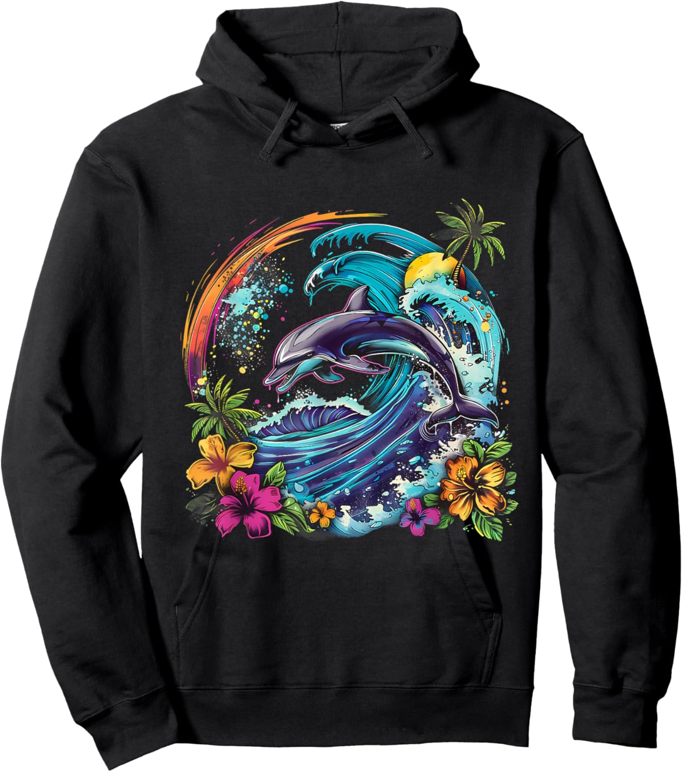 Sea Ocean Dolphin Motif Artwork Floral Sea Ocean Animal Hoodie - Hoodie | Black