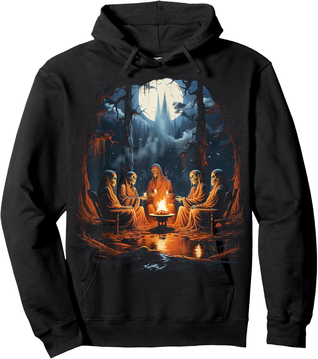 Vintage Ghost and Skeleton by Fire Camping Gothic Halloween Hoodie - Hoodie | Black