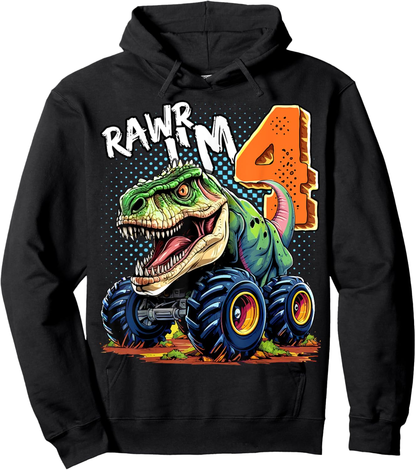 Monster Truck Dinosaur T-Rex 4th Birthday Boy 4 Year Old Hoodie - Hoodie | Black