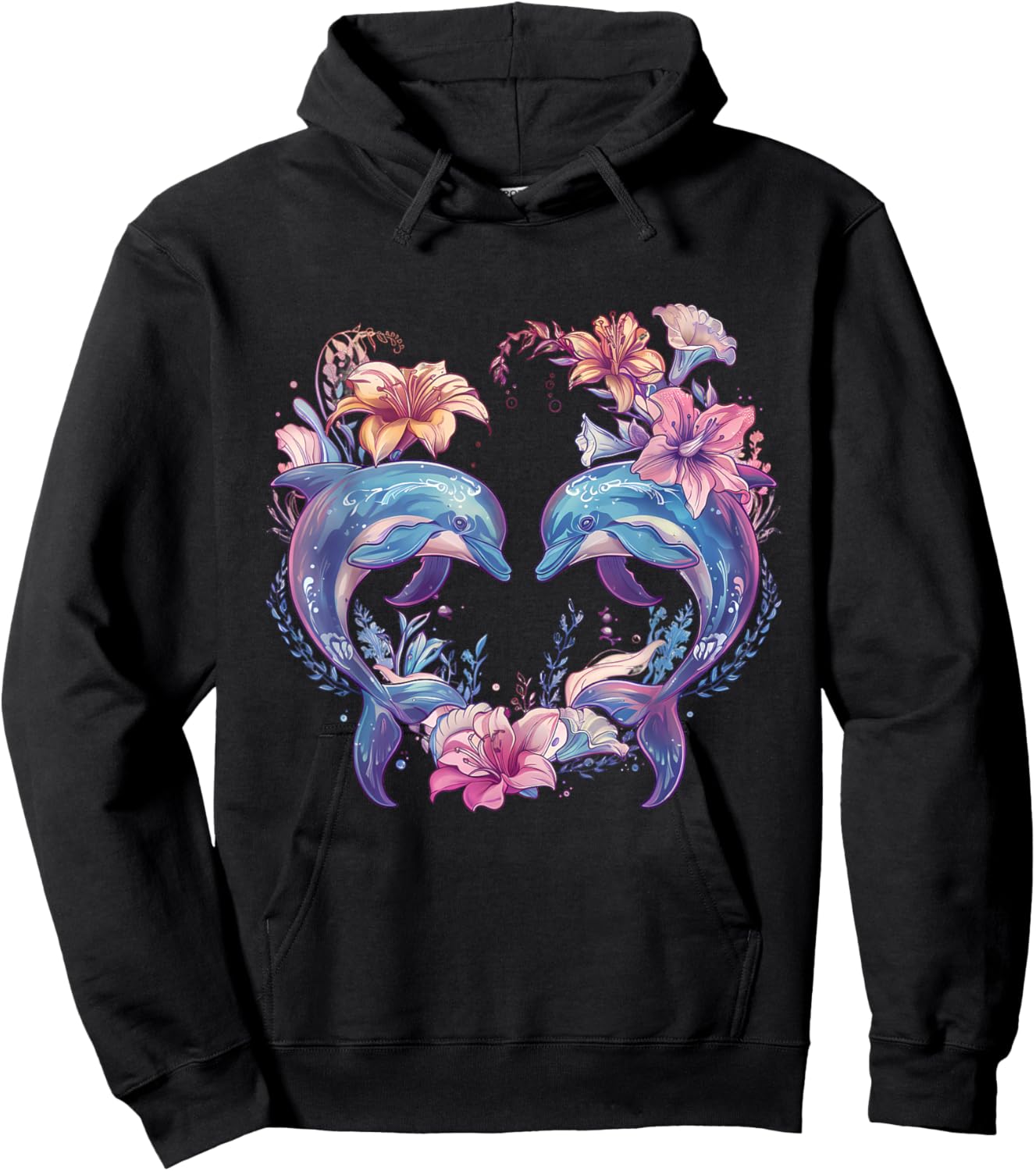Dolphin Floral Motif Dolphin Lover Sea Ocean Animal Hoodie - Hoodie | Black