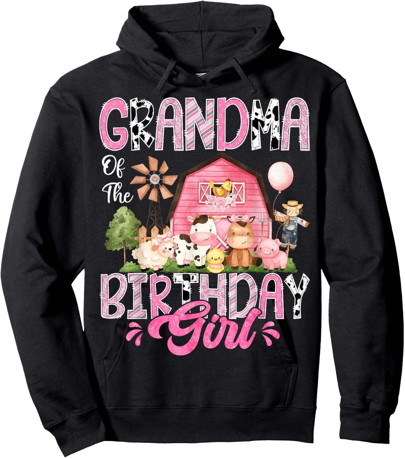 Grandma Of The Birthday Girl Pink Farm Cow First Birthday Hoodie - Hoodie | Black