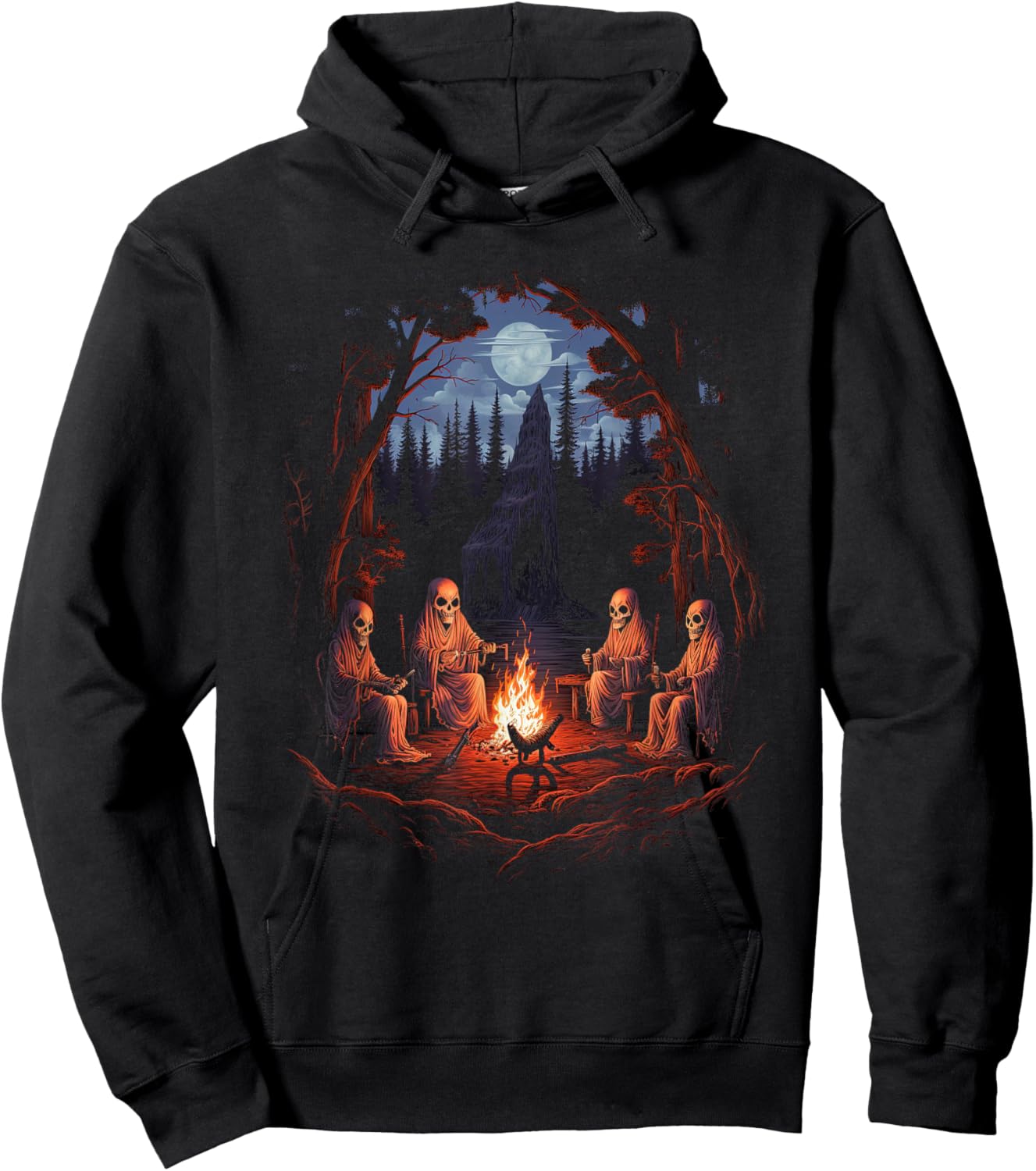Vintage Ghost and Skeleton by Fire Camping Gothic Halloween Hoodie - Hoodie | Black