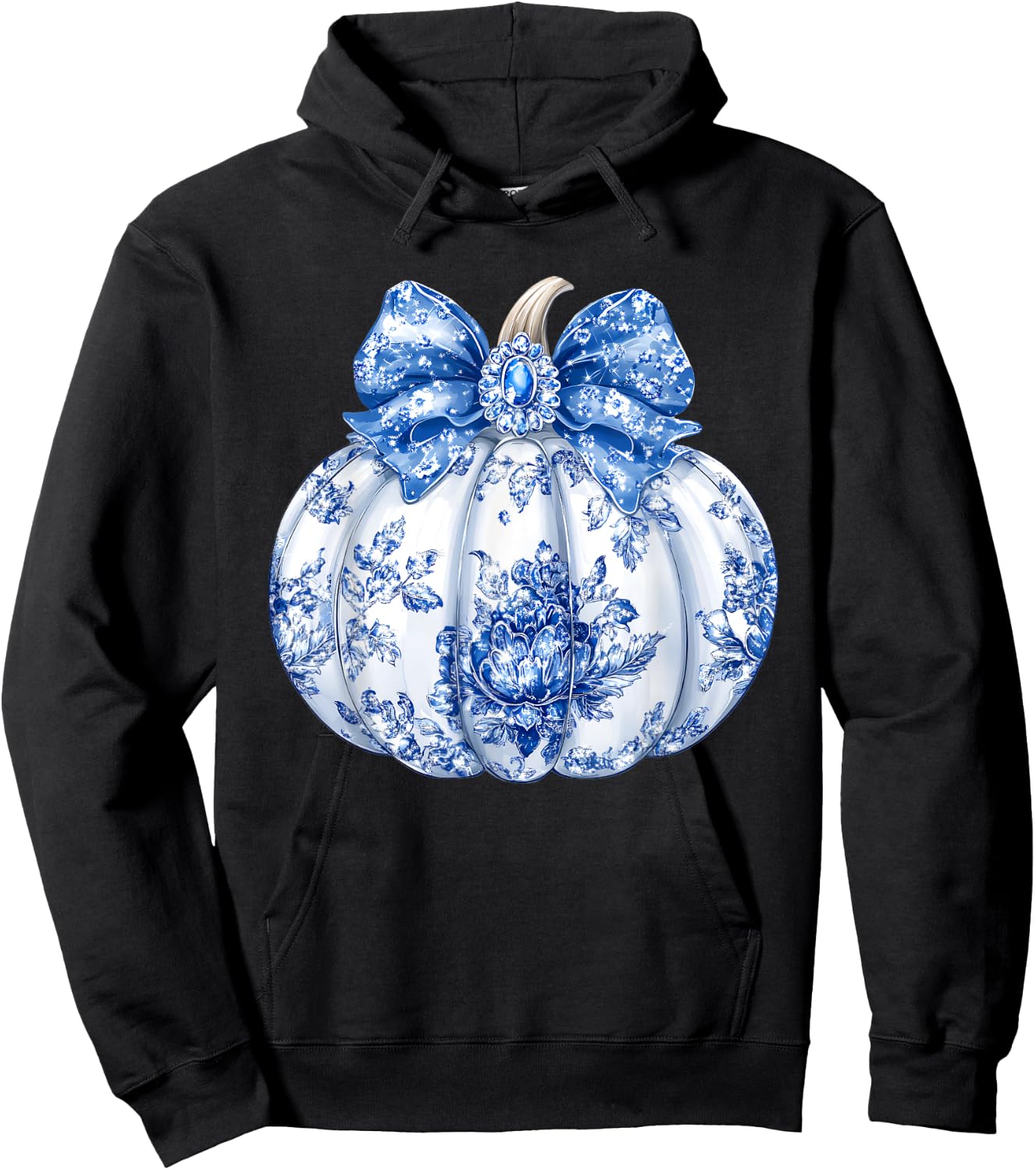 Fall Coquette Chinoiserie Blue Floral Pumpkin Thanksgiving Hoodie - Hoodie | Black