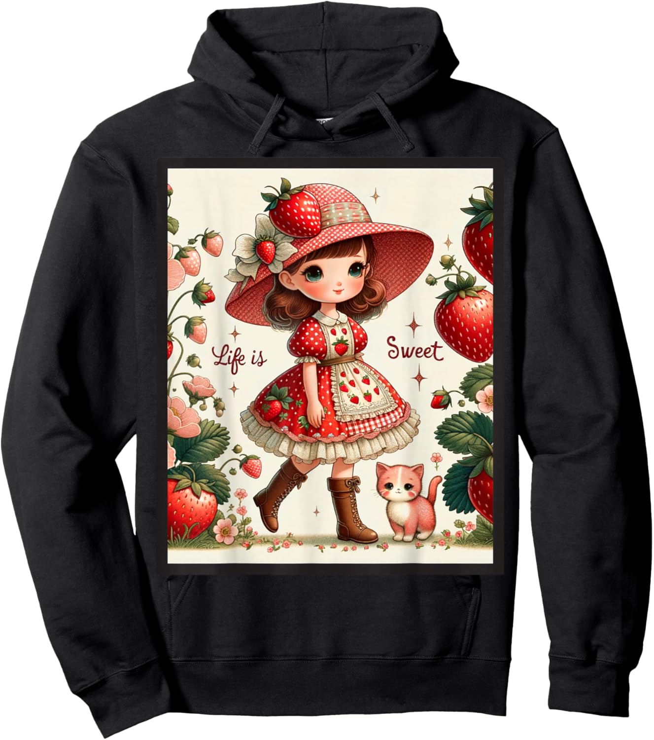 Cute Life Is Sweet Strawberry Cake Vintage Berry Garden Hoodie - Hoodie | Black