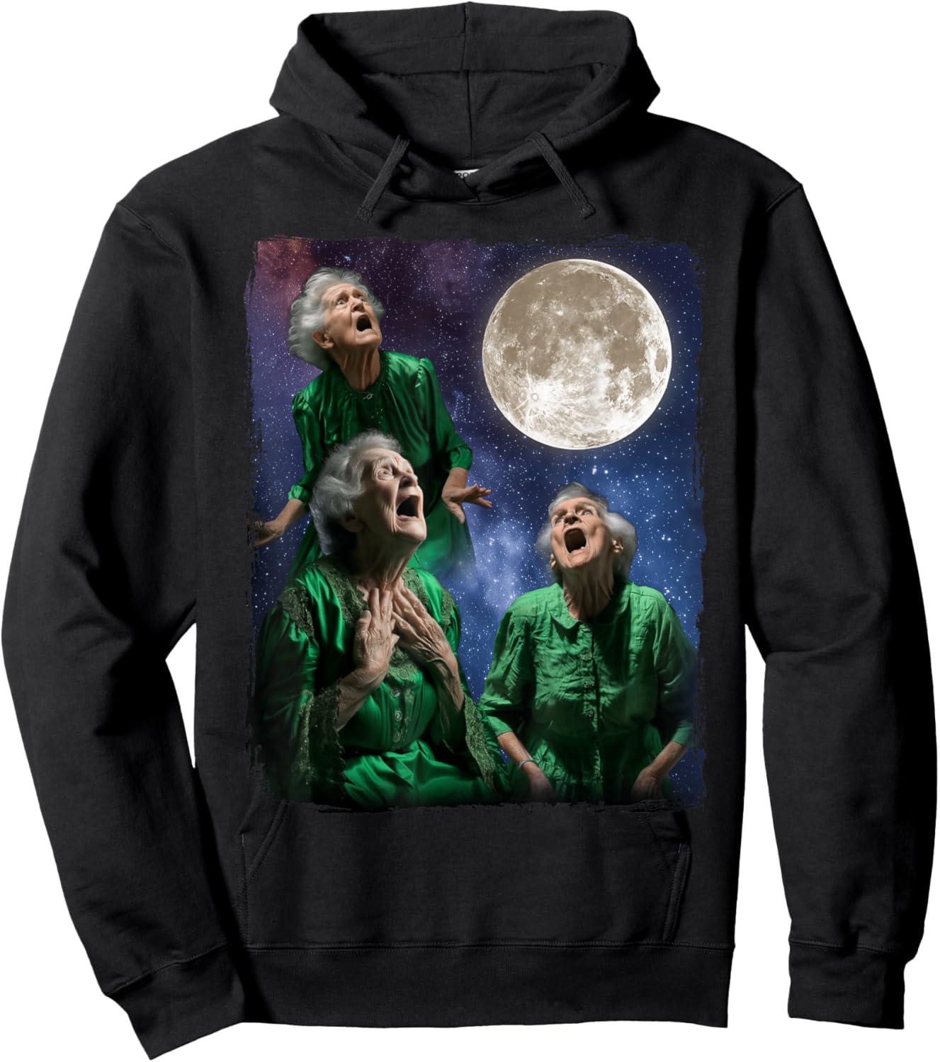Grandma Howling At Moon Three Granny Moon Hoodie - Hoodie | Black