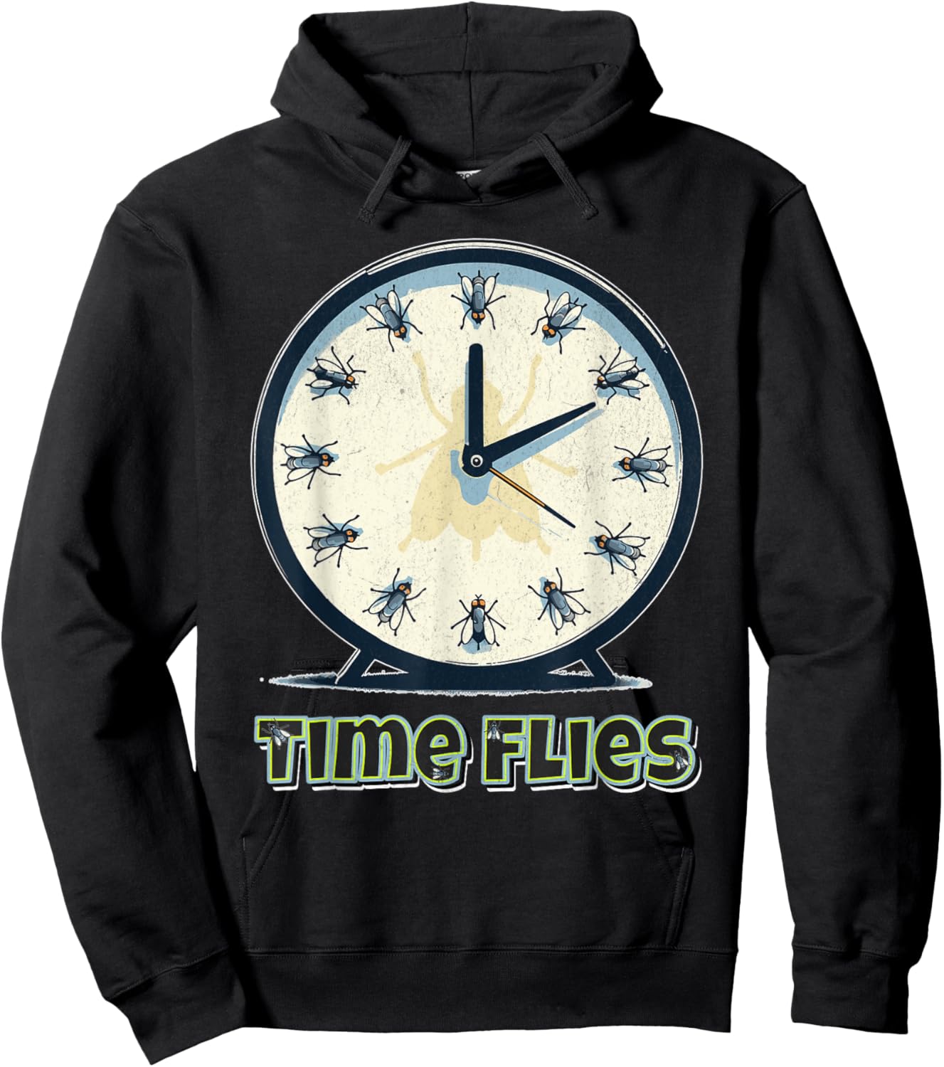 Time Flies Funny Clock Graphic Flying Bugs Pun Hoodie - Hoodie | Black