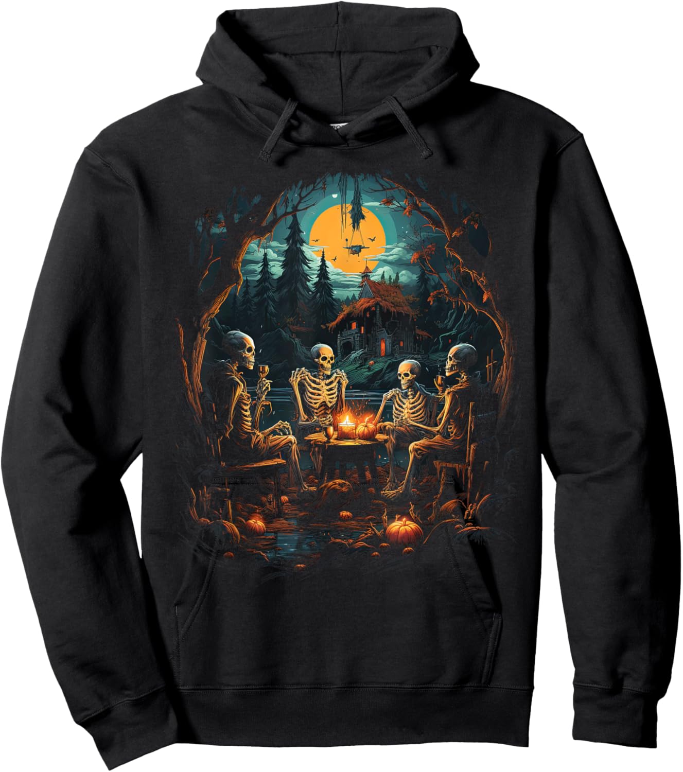 Vintage Ghost and Skeleton by Fire Camping Gothic Halloween Hoodie - Hoodie | Black
