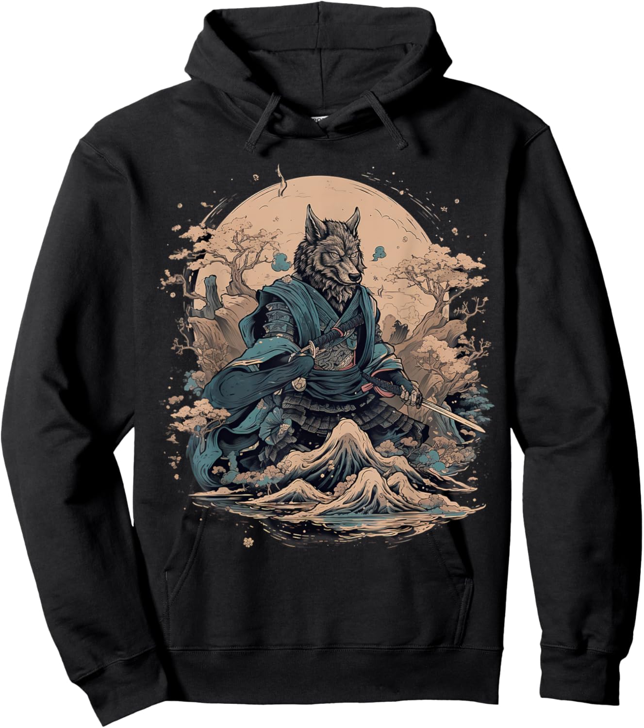 Vintage Japanese Art Samurai Wolf Hoodie - Hoodie | Black