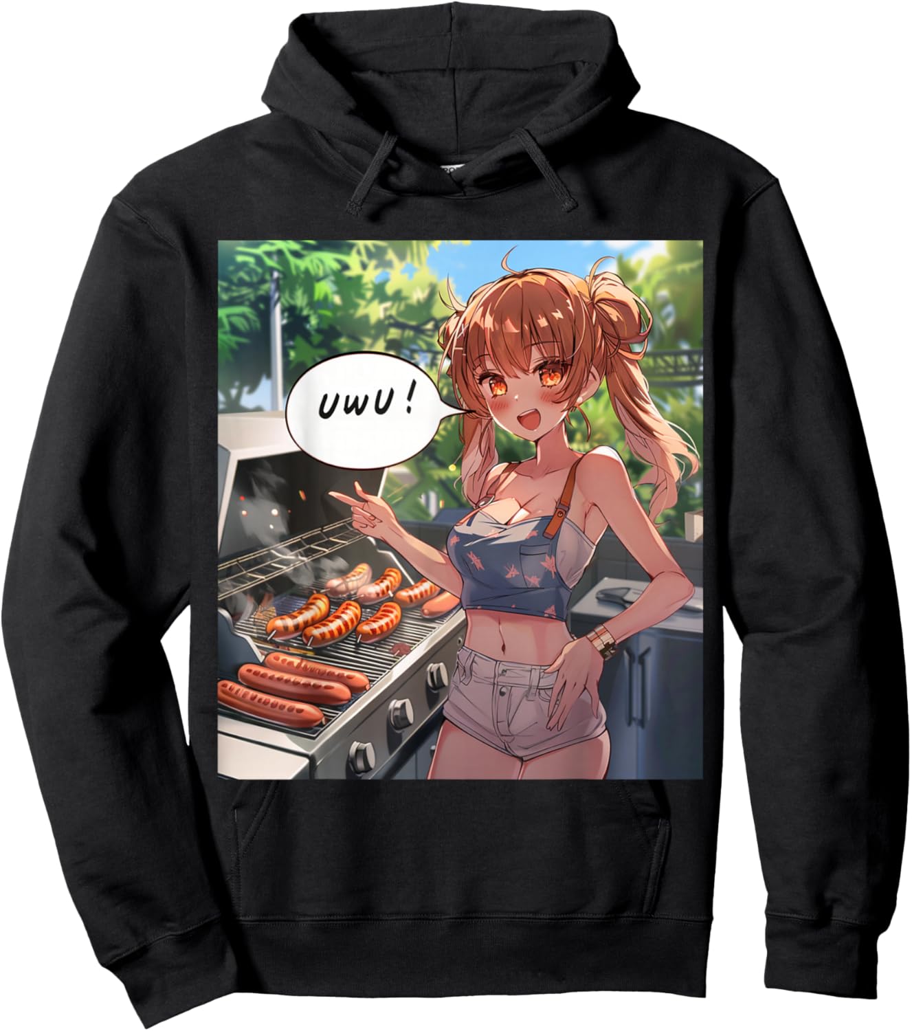 UwU Grill Party Anime Front Print Hoodie - Hoodie | Black