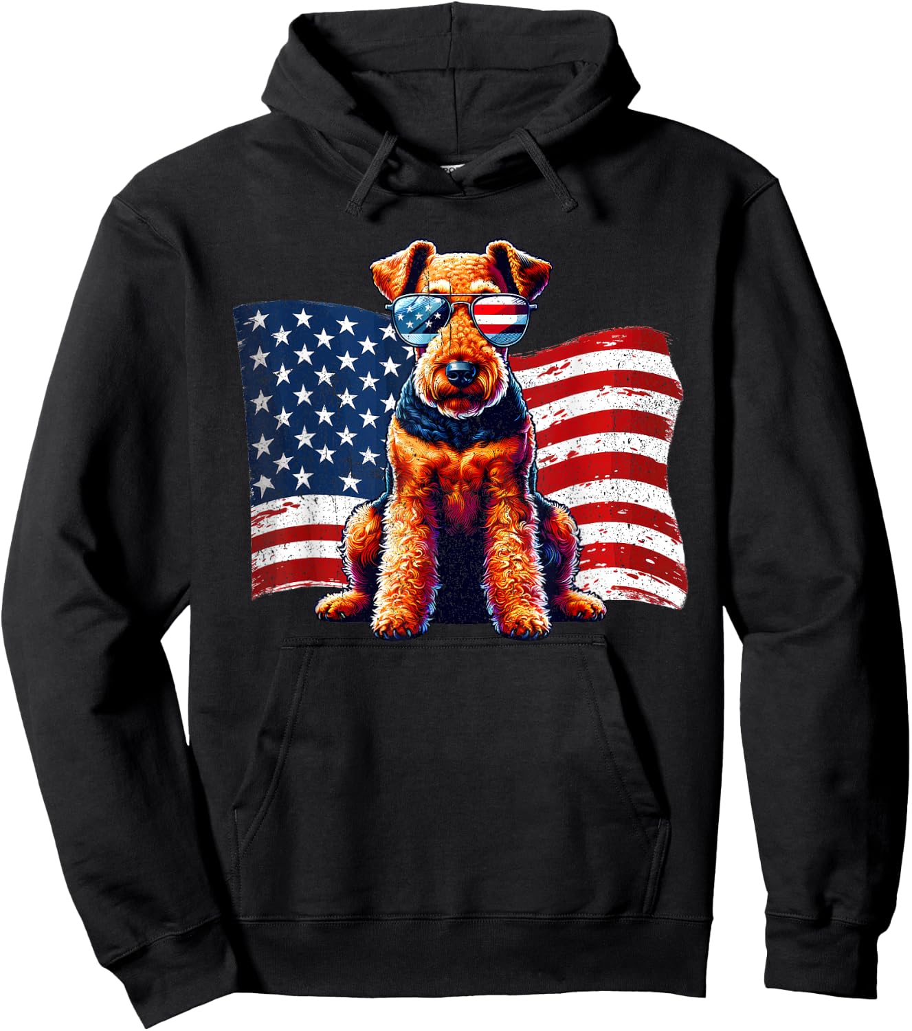 Vintage Airedale Terrier American Flag Sunglasses Patriotic Hoodie - Hoodie | Black