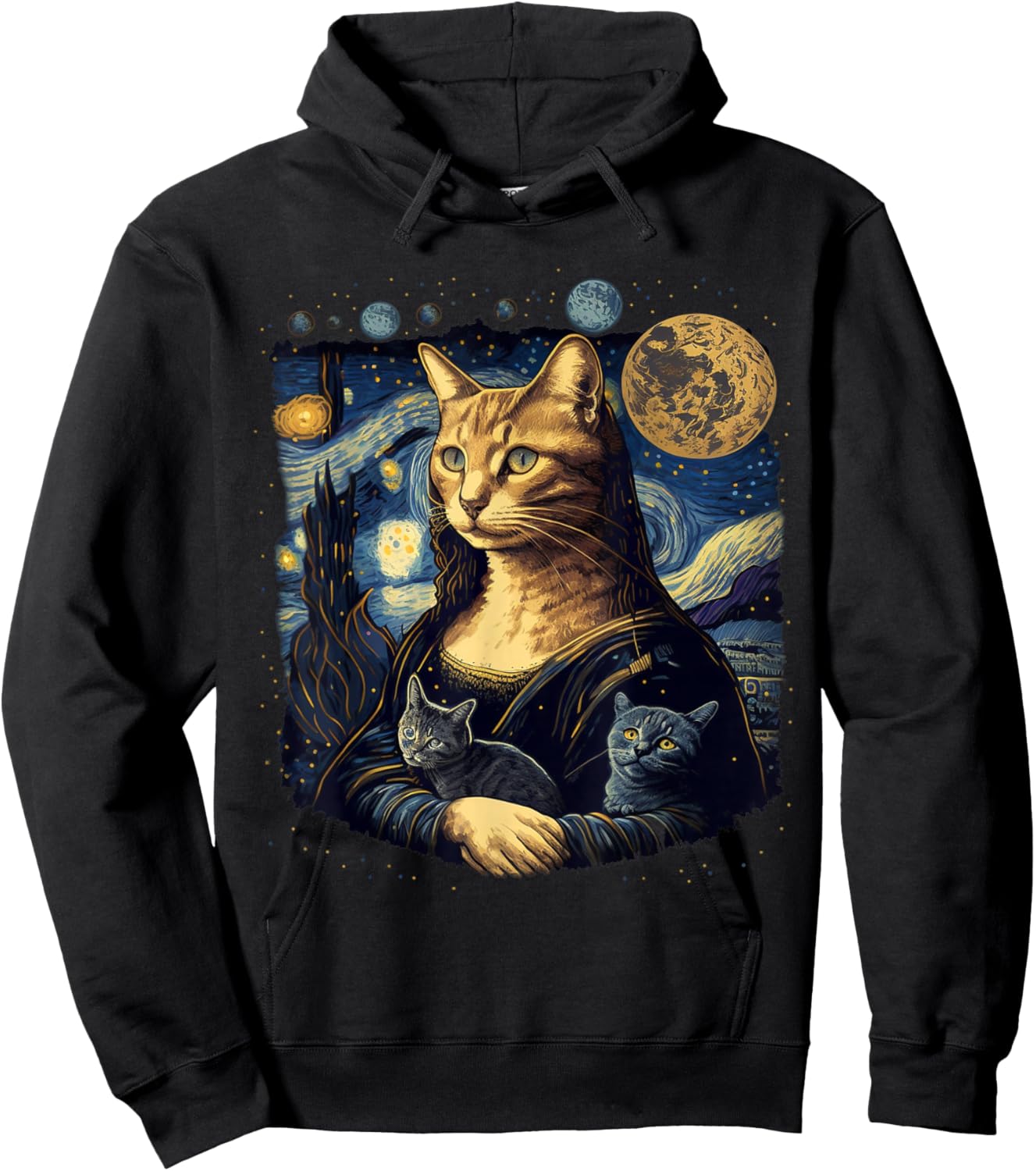 Cat Mona Lisa With Cats Starry Night Van Gogh Funny Art Hoodie - Hoodie | Black