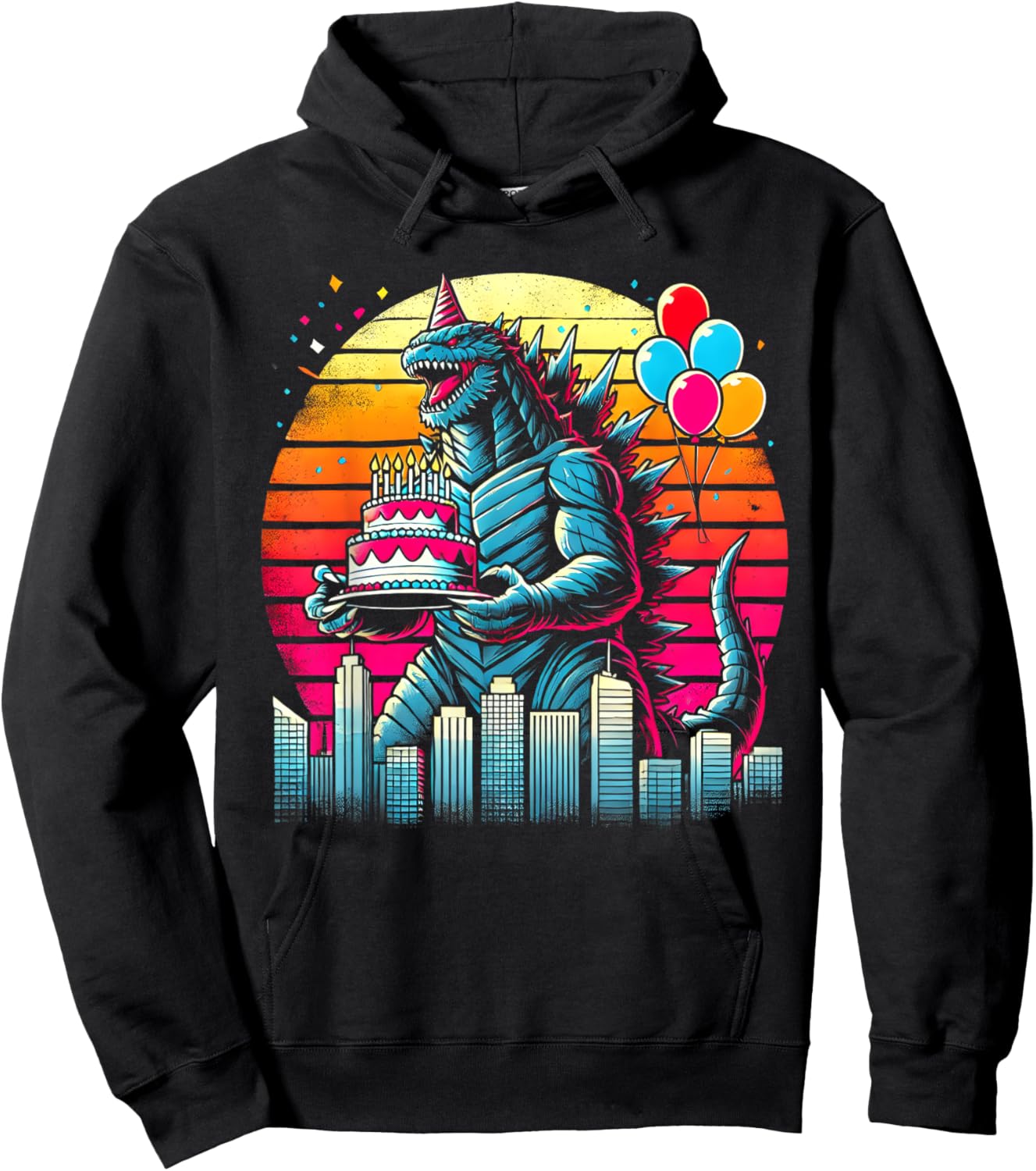 Kaiju Balloon And Cake Funny Japanese Monster Lover Birthday Hoodie - Hoodie | Black