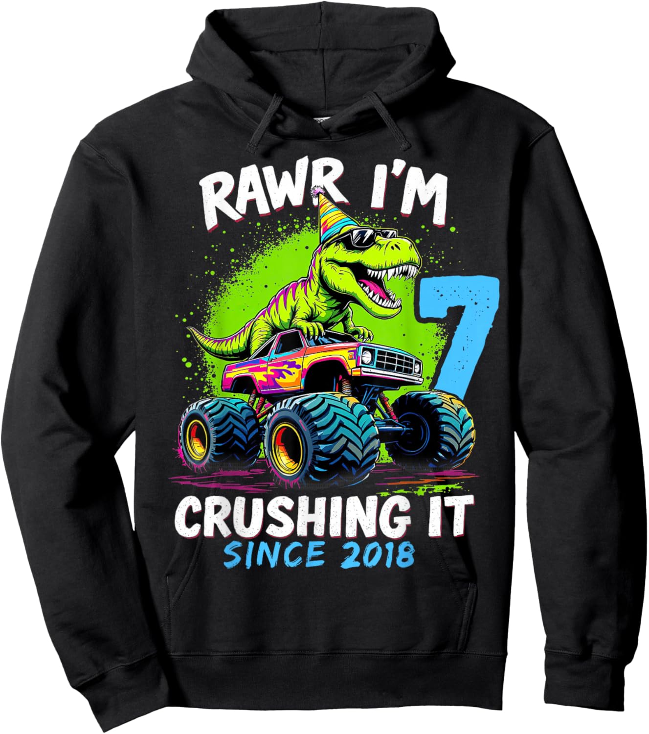 7th Birthday Monster Truck Dinosaur Party Boys Rawr I'm 7 Hoodie - Hoodie | Black