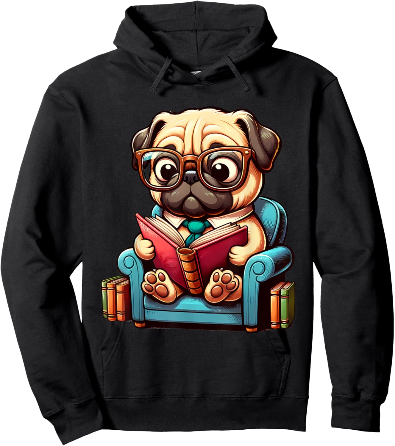 Pug Reading a Book Dog Men Women Girls Kids Hoodie - Hoodie | Black