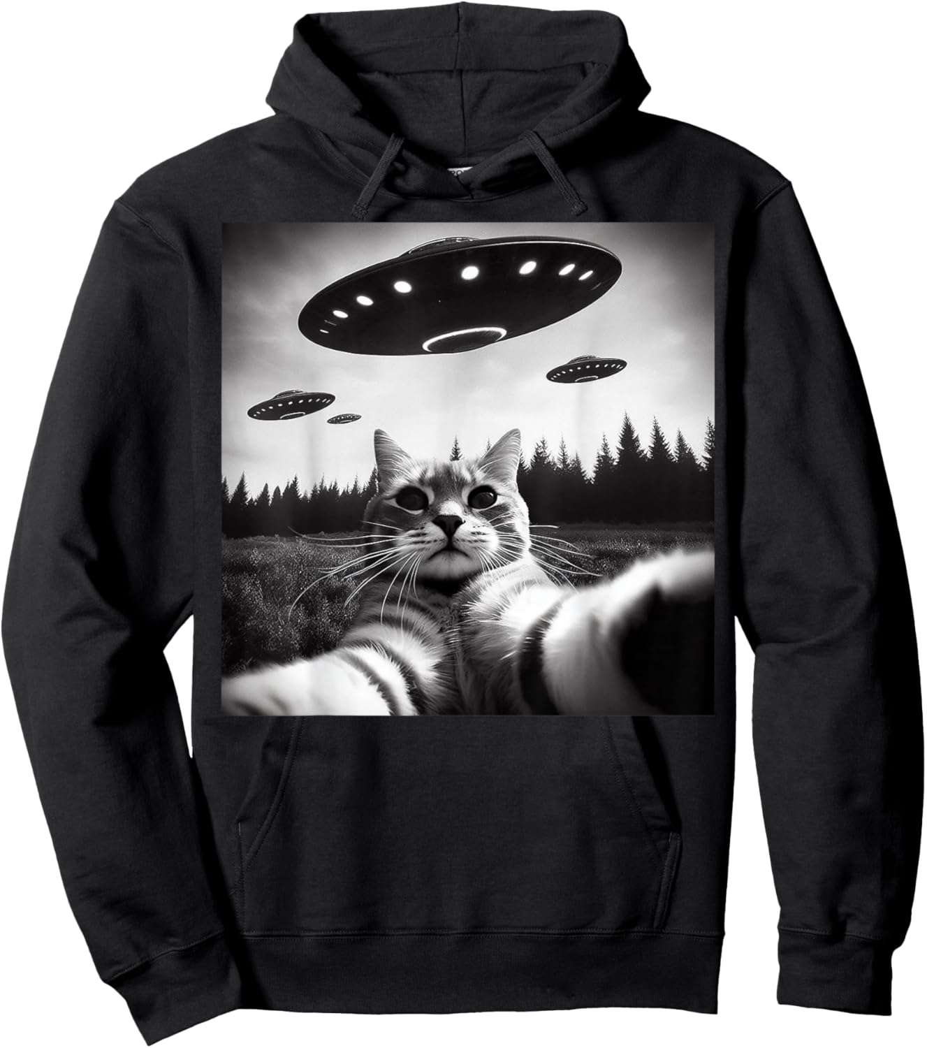 Cat Selfie With Alien UFO Funny Cat Gifts Women Kid Hoodie - Hoodie | Black