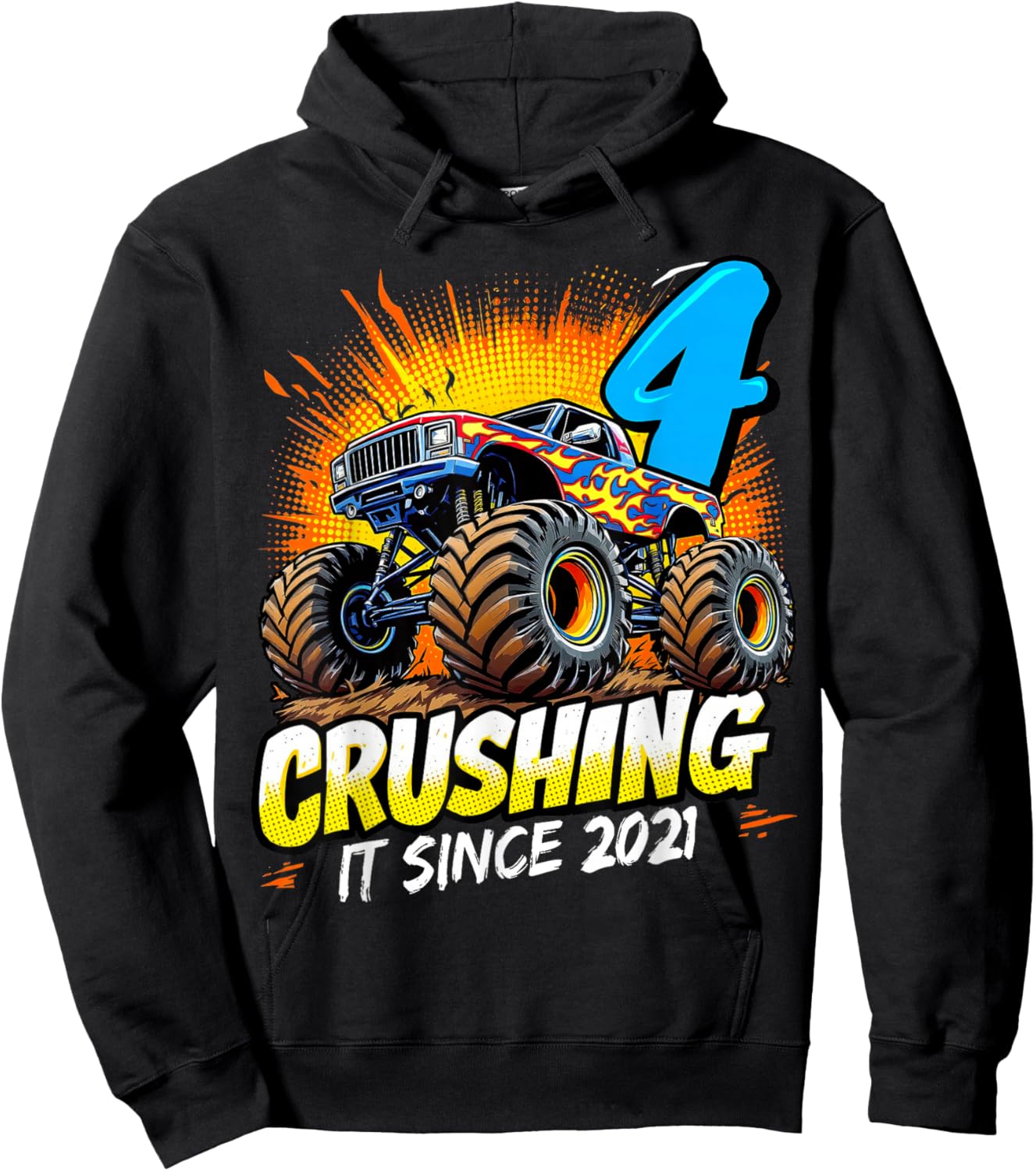 Birthday Monster Truck 4 year Old Boys 4th Party Born 2021 Hoodie - Hoodie | Black