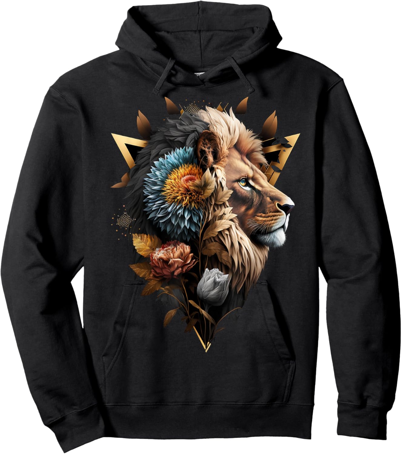 Lion Flowers Artwork Animal Print Art Lion Motif Hoodie - Hoodie | Black