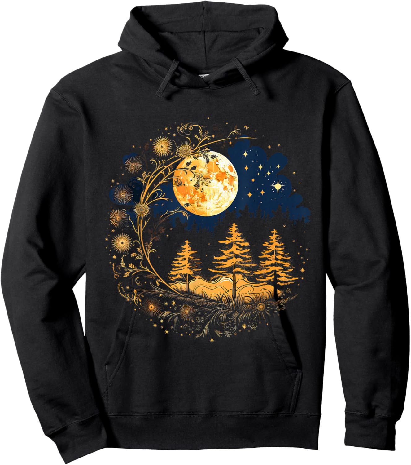 Mystical Sun and Moon with Woman Mystical Flowers Aesthetic Hoodie - Hoodie | Black